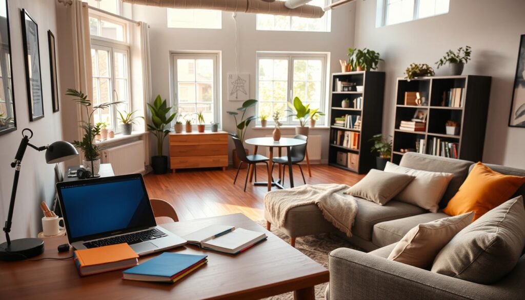A stylish open-plan living area designed for a student apartment, showcasing a layout for affordable furniture arrangement. In the foreground, a compact study desk with a laptop, surrounded by colorful notebooks, alongside a cozy, minimalist sofa with cushions. The mid-ground features a small dining table with two chairs, and a bookshelf filled with books and plants. The background shows windows with natural light streaming in, illuminating the space and creating a warm, inviting atmosphere. Use soft, natural lighting to capture the essence of a functional yet affordable living space. The angle should be slightly elevated to emphasize the layout, making it feel welcoming and conducive for study and relaxation. A stylish open-plan living area designed for a student apartment, showcasing a layout for affordable furniture arrangement. In the foreground, a compact study desk with a laptop, surrounded by colorful notebooks, alongside a cozy, minimalist sofa with cushions. The mid-ground features a small dining table with two chairs, and a bookshelf filled with books and plants. The background shows windows with natural light streaming in, illuminating the space and creating a warm, inviting atmosphere. Use soft, natural lighting to capture the essence of a functional yet affordable living space. The angle should be slightly elevated to emphasize the layout, making it feel welcoming and conducive for study and relaxation.