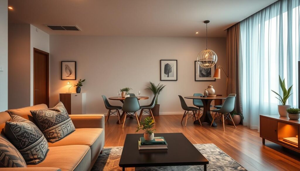 A stylishly furnished apartment interior in Maringá, showcasing a cozy and inviting living room. The foreground features a plush, modern sofa with decorative cushions and a sleek coffee table, artfully arranged with a few books and a small plant. In the middle, a tastefully decorated dining area with a round table and contemporary chairs, illuminated by warm, ambient lighting. The background reveals a bright window with sheer curtains allowing natural light to filter in, highlighting the elegant décor, including framed artwork and potted plants. The atmosphere is warm and welcoming, perfect for showcasing the charm of furnished rental properties. The image should convey a sense of comfort and homeliness, avoiding any clutter. A stylishly furnished apartment interior in Maringá, showcasing a cozy and inviting living room. The foreground features a plush, modern sofa with decorative cushions and a sleek coffee table, artfully arranged with a few books and a small plant. In the middle, a tastefully decorated dining area with a round table and contemporary chairs, illuminated by warm, ambient lighting. The background reveals a bright window with sheer curtains allowing natural light to filter in, highlighting the elegant décor, including framed artwork and potted plants. The atmosphere is warm and welcoming, perfect for showcasing the charm of furnished rental properties. The image should convey a sense of comfort and homeliness, avoiding any clutter.