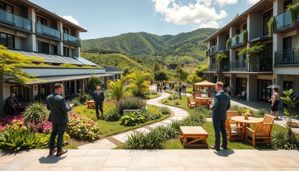 A sustainable real estate market scene set in an eco-friendly condominium complex in Maringá. In the foreground, a modern building with green roofs and solar panels, surrounded by lush gardens filled with native plants and flowers. Residents, dressed in professional business attire, are engaged in community activities, like gardening and socializing. In the middle ground, pathways made of recycled materials wind through the premises, connecting to outdoor seating areas with bamboo furniture. The background features verdant hills and a clear blue sky, suggesting a harmonious coexistence with nature. Soft, natural lighting creates a warm and inviting atmosphere, capturing the essence of luxury combined with sustainability. The camera angle is slightly elevated, providing a panoramic view of the entire complex. A sustainable real estate market scene set in an eco-friendly condominium complex in Maringá. In the foreground, a modern building with green roofs and solar panels, surrounded by lush gardens filled with native plants and flowers. Residents, dressed in professional business attire, are engaged in community activities, like gardening and socializing. In the middle ground, pathways made of recycled materials wind through the premises, connecting to outdoor seating areas with bamboo furniture. The background features verdant hills and a clear blue sky, suggesting a harmonious coexistence with nature. Soft, natural lighting creates a warm and inviting atmosphere, capturing the essence of luxury combined with sustainability. The camera angle is slightly elevated, providing a panoramic view of the entire complex.