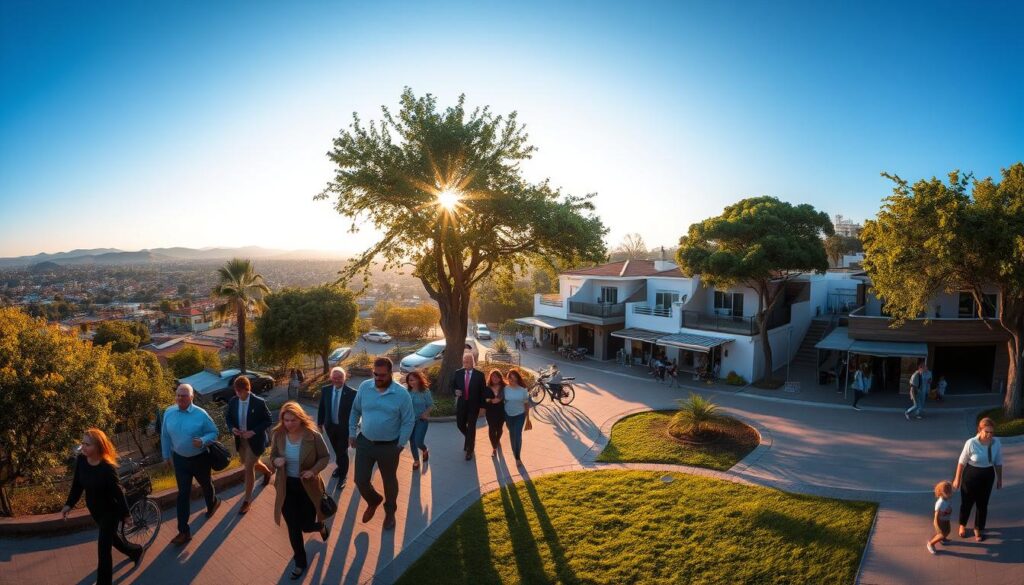 A sweeping panorama of Sarandi, Paraná, showcasing the vibrant charm of the region. In the foreground, a diverse group of people in professional business attire strolls along a tree-lined street, with children playing nearby, reflecting a lively community spirit. The middle ground features modern residential buildings and small shops, bustling with activity, while patches of greenery add a refreshing touch. In the background, the distant hills and a clear blue sky create a serene atmosphere. The lighting is warm and inviting, with soft golden sunlight filtering through the trees, casting gentle shadows on the pavement. Shot from a slightly elevated angle to capture the expansive landscape, this image conveys a sense of community, everyday life, and the harmonious balance of urban and natural elements. A sweeping panorama of Sarandi, Paraná, showcasing the vibrant charm of the region. In the foreground, a diverse group of people in professional business attire strolls along a tree-lined street, with children playing nearby, reflecting a lively community spirit. The middle ground features modern residential buildings and small shops, bustling with activity, while patches of greenery add a refreshing touch. In the background, the distant hills and a clear blue sky create a serene atmosphere. The lighting is warm and inviting, with soft golden sunlight filtering through the trees, casting gentle shadows on the pavement. Shot from a slightly elevated angle to capture the expansive landscape, this image conveys a sense of community, everyday life, and the harmonious balance of urban and natural elements.