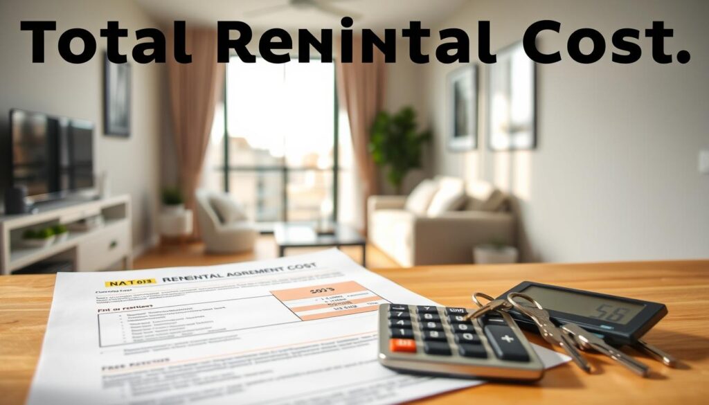 A thoughtful visual representation of "total rental cost," showcasing a detailed breakdown of expenses. In the foreground, a neatly arranged rental agreement document with highlighted sections on costs. Adjacent, a calculator displays numbers and a set of keys, symbolizing the apartment rental process. The middle layer features a cozy apartment interior with minimalist furnishings, emphasizing comfort and practicality. In the background, a window reveals an urban landscape of Maringá, incorporating familiar architectural elements. Soft, natural lighting floods the scene, creating an inviting atmosphere. The focus is sharp with a shallow depth of field, enhancing the details of the rental materials while softly blurring the background. The overall mood conveys a sense of caution and awareness regarding comprehensive rental expenses, suitable for an educational context. A thoughtful visual representation of "total rental cost," showcasing a detailed breakdown of expenses. In the foreground, a neatly arranged rental agreement document with highlighted sections on costs. Adjacent, a calculator displays numbers and a set of keys, symbolizing the apartment rental process. The middle layer features a cozy apartment interior with minimalist furnishings, emphasizing comfort and practicality. In the background, a window reveals an urban landscape of Maringá, incorporating familiar architectural elements. Soft, natural lighting floods the scene, creating an inviting atmosphere. The focus is sharp with a shallow depth of field, enhancing the details of the rental materials while softly blurring the background. The overall mood conveys a sense of caution and awareness regarding comprehensive rental expenses, suitable for an educational context.