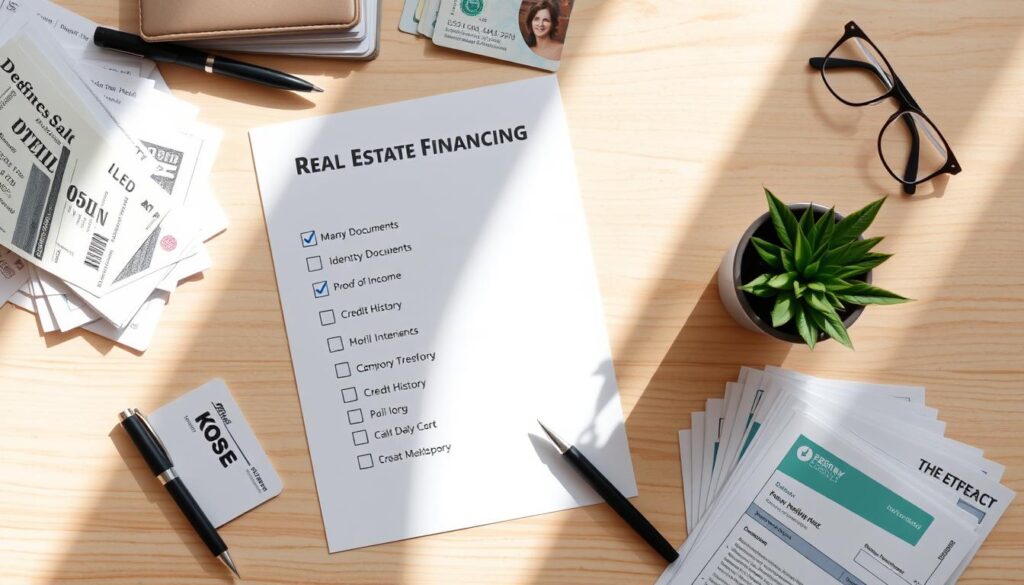 A top-down view of a neatly organized checklist for real estate financing, laying prominently on a light wooden desk. The checklist features various categories such as "Identity Documents," "Proof of Income," and "Credit History" with checkboxes beside each item, partially ticked to suggest thorough preparation. Surrounding the checklist, there are assorted documents like pay stubs and identification cards, neatly stacked, along with a stylish pen and a small potted plant to add a touch of greenery. The lighting is soft and natural, casting gentle shadows to create an inviting atmosphere. The scene evokes a sense of professionalism and readiness, perfect for an informed financial decision. No people are depicted in the image. A top-down view of a neatly organized checklist for real estate financing, laying prominently on a light wooden desk. The checklist features various categories such as "Identity Documents," "Proof of Income," and "Credit History" with checkboxes beside each item, partially ticked to suggest thorough preparation. Surrounding the checklist, there are assorted documents like pay stubs and identification cards, neatly stacked, along with a stylish pen and a small potted plant to add a touch of greenery. The lighting is soft and natural, casting gentle shadows to create an inviting atmosphere. The scene evokes a sense of professionalism and readiness, perfect for an informed financial decision. No people are depicted in the image.