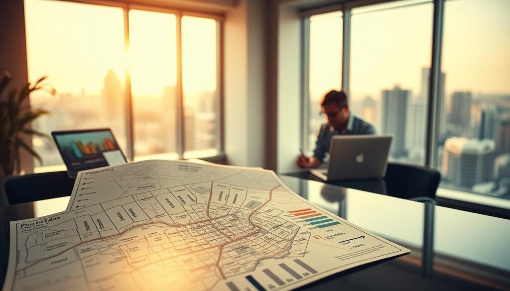 A tranquil real estate office setting, with a professional sitting at a modern desk, examining a laptop displaying property prices. In the foreground, a detailed map highlighting various neighborhoods with marked price ranges. The middle layer features a beautifully designed chart showing factors influencing property prices, such as location, demand, and amenities. The background includes large windows with a cityscape view, bathed in soft, warm natural light, creating an inviting atmosphere. The composition captures a sense of professionalism and clarity in understanding real estate pricing, emphasizing the importance of location. The scene is focused, with a shallow depth of field to draw attention to the key elements. A tranquil real estate office setting, with a professional sitting at a modern desk, examining a laptop displaying property prices. In the foreground, a detailed map highlighting various neighborhoods with marked price ranges. The middle layer features a beautifully designed chart showing factors influencing property prices, such as location, demand, and amenities. The background includes large windows with a cityscape view, bathed in soft, warm natural light, creating an inviting atmosphere. The composition captures a sense of professionalism and clarity in understanding real estate pricing, emphasizing the importance of location. The scene is focused, with a shallow depth of field to draw attention to the key elements.