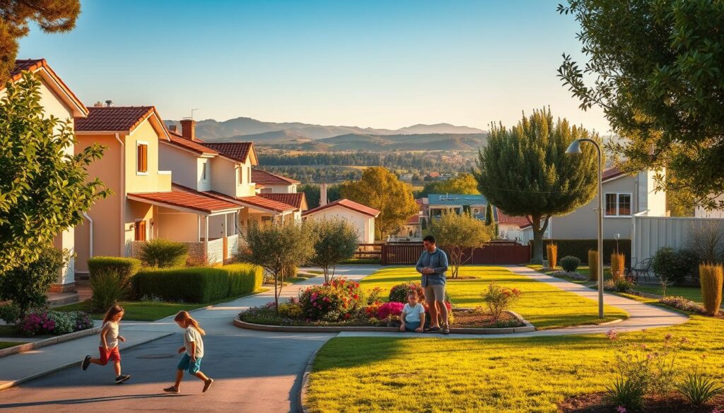 A tranquil residential neighborhood in Sarandi, featuring well-maintained houses with gardens, partly shaded by lush trees. In the foreground, a peaceful street lined with family-friendly homes showcases children playing in a safe environment, their laughter echoing. The middle ground captures a small park adorned with vibrant flowers, where families are enjoying a picnic under a clear blue sky, highlighting a sense of community. The background includes distant hills, softly illuminated by golden sunlight, enhancing the serene atmosphere. The image is shot during late afternoon, with warm, soft lighting that evokes a feeling of calm and tranquility. The composition should focus on showcasing the idyllic charm of neighborhoods ideal for families seeking peace. No people should be overly detailed, dressed in modest clothing, reflecting the wholesome, inviting vibe of Sarandi. A tranquil residential neighborhood in Sarandi, featuring well-maintained houses with gardens, partly shaded by lush trees. In the foreground, a peaceful street lined with family-friendly homes showcases children playing in a safe environment, their laughter echoing. The middle ground captures a small park adorned with vibrant flowers, where families are enjoying a picnic under a clear blue sky, highlighting a sense of community. The background includes distant hills, softly illuminated by golden sunlight, enhancing the serene atmosphere. The image is shot during late afternoon, with warm, soft lighting that evokes a feeling of calm and tranquility. The composition should focus on showcasing the idyllic charm of neighborhoods ideal for families seeking peace. No people should be overly detailed, dressed in modest clothing, reflecting the wholesome, inviting vibe of Sarandi.