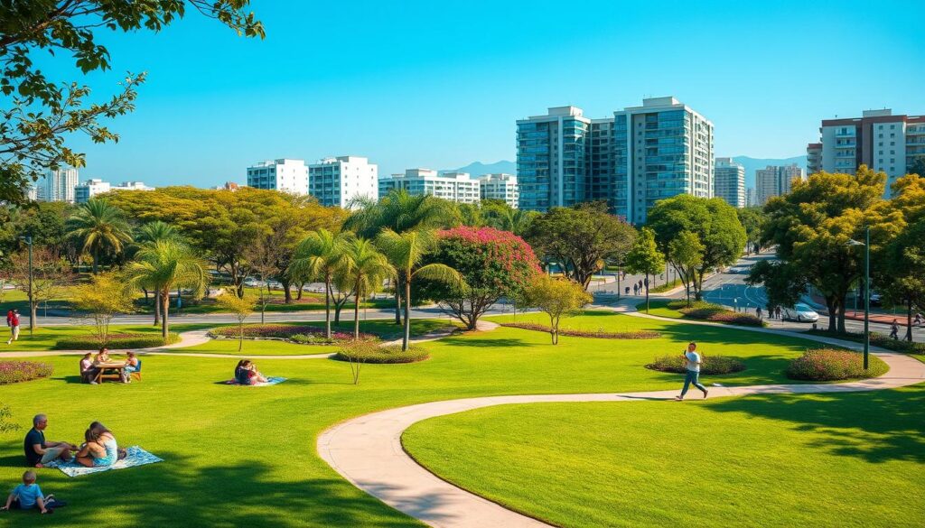 A tranquil urban scene depicting the essence of quality of life in Maringá in 2026. In the foreground, a well-maintained park with families enjoying picnics on lush green grass, children playing in a safe environment, and joggers on a winding path. The middle ground features modern, eco-friendly buildings surrounded by vibrant trees and flowering plants, illustrating a harmonious balance between nature and urban living. In the background, a clear blue sky highlights the cityscape with sunlit, welcoming streets. Use soft, warm lighting to create a peaceful atmosphere and capture the scene with a slight wide-angle perspective to emphasize the spaciousness and community spirit, reflecting a safe, high-quality living environment. A tranquil urban scene depicting the essence of quality of life in Maringá in 2026. In the foreground, a well-maintained park with families enjoying picnics on lush green grass, children playing in a safe environment, and joggers on a winding path. The middle ground features modern, eco-friendly buildings surrounded by vibrant trees and flowering plants, illustrating a harmonious balance between nature and urban living. In the background, a clear blue sky highlights the cityscape with sunlit, welcoming streets. Use soft, warm lighting to create a peaceful atmosphere and capture the scene with a slight wide-angle perspective to emphasize the spaciousness and community spirit, reflecting a safe, high-quality living environment.