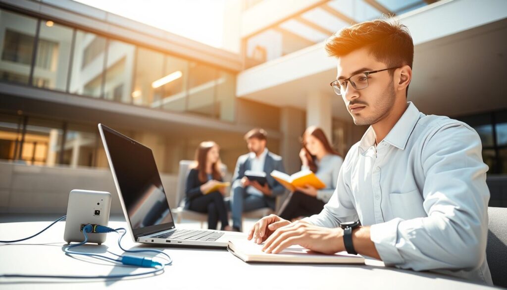 A vibrant academic setting in Maringá showcasing the importance of fiber optics for students. In the foreground, a student using a laptop connected to a fiber optic modem, displaying a focused expression as they study. The middle ground features a small study group of students in professional attire, engaged in discussion while surrounded by textbooks and digital devices. The background depicts a sleek, modern university building with windows reflecting the bright sunlight, symbolizing openness and connectivity. Bright, natural lighting illuminates the scene, enhancing the atmosphere of collaboration and learning. Capture the essence of innovation and the benefits of high-speed internet for academic success in a dynamic, engaging composition. A vibrant academic setting in Maringá showcasing the importance of fiber optics for students. In the foreground, a student using a laptop connected to a fiber optic modem, displaying a focused expression as they study. The middle ground features a small study group of students in professional attire, engaged in discussion while surrounded by textbooks and digital devices. The background depicts a sleek, modern university building with windows reflecting the bright sunlight, symbolizing openness and connectivity. Bright, natural lighting illuminates the scene, enhancing the atmosphere of collaboration and learning. Capture the essence of innovation and the benefits of high-speed internet for academic success in a dynamic, engaging composition.