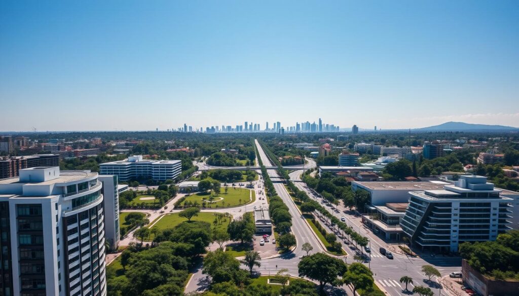 A vibrant aerial view of Zona 02 in Maringá, showcasing its strategic location and urban landscape. In the foreground, sleek modern buildings and well-planned streets exhibit the area's development potential. The middle ground features green parks and bustling local businesses, reflecting community life and economic growth. In the background, the iconic skyline of Maringá stretches into the horizon under a bright blue sky. Soft, natural lighting enhances the scene, emphasizing the region's vitality. The angle is slightly tilted to capture the dynamic roads and pathways that connect this vibrant neighborhood. The overall mood conveys optimism and progress, inviting viewers to envision the future of urban development in this promising area. A vibrant aerial view of Zona 02 in Maringá, showcasing its strategic location and urban landscape. In the foreground, sleek modern buildings and well-planned streets exhibit the area's development potential. The middle ground features green parks and bustling local businesses, reflecting community life and economic growth. In the background, the iconic skyline of Maringá stretches into the horizon under a bright blue sky. Soft, natural lighting enhances the scene, emphasizing the region's vitality. The angle is slightly tilted to capture the dynamic roads and pathways that connect this vibrant neighborhood. The overall mood conveys optimism and progress, inviting viewers to envision the future of urban development in this promising area.