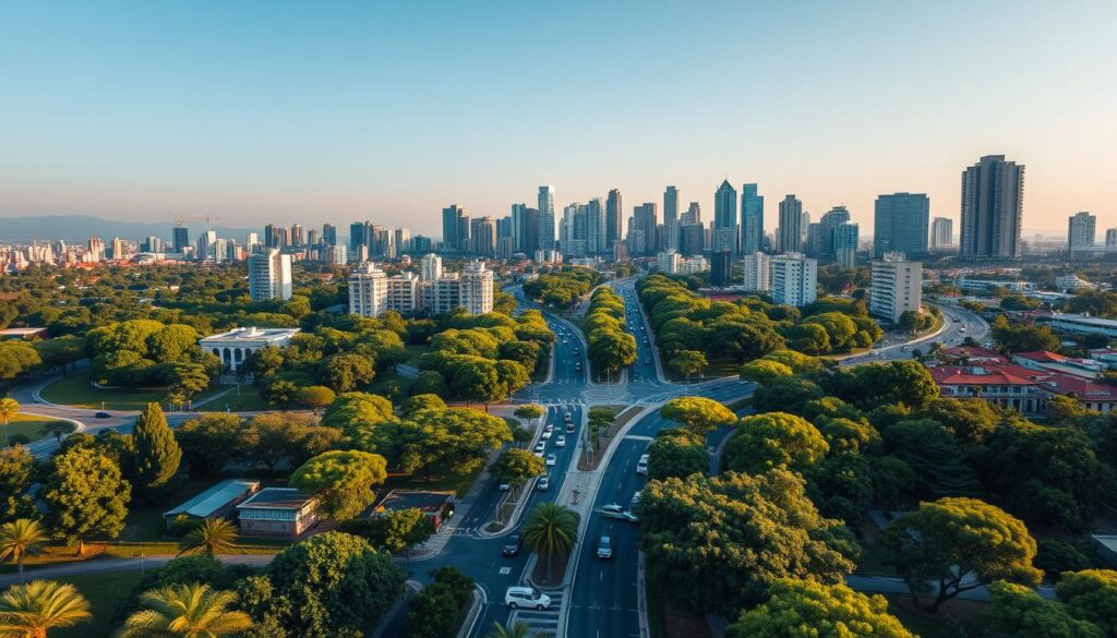 A vibrant aerial view of a thriving urban area in Maringá, showcasing key avenues and neighborhoods known for their prime real estate opportunities. In the foreground, include lush green parks and modern residential buildings, emphasizing a blend of nature and architecture. The middle ground features busy avenues filled with cars and pedestrians, portraying a lively atmosphere. In the background, a skyline of contemporary skyscrapers stretches under a clear blue sky, with soft, warm sunlight enhancing the scene. The composition highlights a sense of community, prosperity, and accessibility, inviting viewers to envision their future in the thriving city. The overall mood is optimistic and dynamic, capturing the essence of a desirable location for living in Maringá. A vibrant aerial view of a thriving urban area in Maringá, showcasing key avenues and neighborhoods known for their prime real estate opportunities. In the foreground, include lush green parks and modern residential buildings, emphasizing a blend of nature and architecture. The middle ground features busy avenues filled with cars and pedestrians, portraying a lively atmosphere. In the background, a skyline of contemporary skyscrapers stretches under a clear blue sky, with soft, warm sunlight enhancing the scene. The composition highlights a sense of community, prosperity, and accessibility, inviting viewers to envision their future in the thriving city. The overall mood is optimistic and dynamic, capturing the essence of a desirable location for living in Maringá.