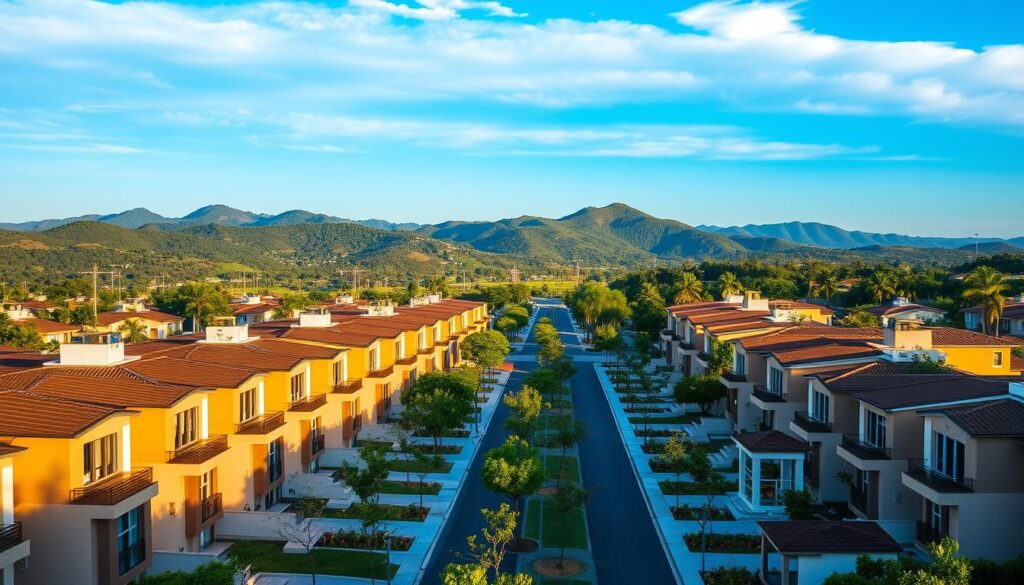 A vibrant aerial view of new residential developments in Mandaguaçu, Brazil, showcasing modern loteamentos with well-planned streets, green spaces, and attractive landscaping. In the foreground, neatly arranged homes with contemporary architecture, featuring large windows and balconies bathed in warm sunlight. The middle ground displays neatly paved roads lined with young trees and blooming flowers, hinting at a community atmosphere. In the background, rolling hills under a clear blue sky, dotted with distant lush vegetation. The scene is captured in bright, optimistic lighting, emphasizing the opportunities available in this growing neighborhood. The mood is inviting and serene, ideal for illustrating new opportunities in real estate. A vibrant aerial view of new residential developments in Mandaguaçu, Brazil, showcasing modern loteamentos with well-planned streets, green spaces, and attractive landscaping. In the foreground, neatly arranged homes with contemporary architecture, featuring large windows and balconies bathed in warm sunlight. The middle ground displays neatly paved roads lined with young trees and blooming flowers, hinting at a community atmosphere. In the background, rolling hills under a clear blue sky, dotted with distant lush vegetation. The scene is captured in bright, optimistic lighting, emphasizing the opportunities available in this growing neighborhood. The mood is inviting and serene, ideal for illustrating new opportunities in real estate.