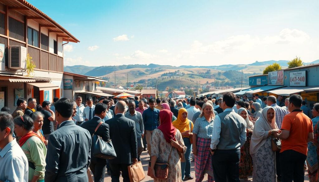 A vibrant and bustling scene depicting the diverse population of Mandaguari, showcasing a mixture of individuals from different backgrounds, ages, and professions engaged in daily activities. In the foreground, a group of people in professional business attire and modest casual clothing interact in a lively market setting, exchanging greetings and commerce. The middle ground features local businesses and colorful storefronts, reflecting the town's economic vitality. In the background, the rolling hills of the region are visible under a bright blue sky, with soft lighting that conveys a warm, welcoming atmosphere. The angle should be slightly elevated to capture the interaction within the population as well as the picturesque surroundings, evoking a sense of community and liveliness. The overall mood is positive and inviting, emphasizing the appeal of living in Mandaguari. A vibrant and bustling scene depicting the diverse population of Mandaguari, showcasing a mixture of individuals from different backgrounds, ages, and professions engaged in daily activities. In the foreground, a group of people in professional business attire and modest casual clothing interact in a lively market setting, exchanging greetings and commerce. The middle ground features local businesses and colorful storefronts, reflecting the town's economic vitality. In the background, the rolling hills of the region are visible under a bright blue sky, with soft lighting that conveys a warm, welcoming atmosphere. The angle should be slightly elevated to capture the interaction within the population as well as the picturesque surroundings, evoking a sense of community and liveliness. The overall mood is positive and inviting, emphasizing the appeal of living in Mandaguari.