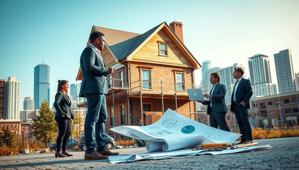 A vibrant and detailed scene depicting the concept of real estate flipping, set in an urban environment. In the foreground, a diverse group of professionals in smart casual attire, discussing plans over architectural blueprints and a laptop. The middle ground features an old house undergoing renovation, with scaffolding and tools scattered around, showcasing the transformation process. In the background, a modern city skyline contrasts with the vintage architecture, symbolizing progress and profit potential. Soft, natural daylight illuminates the scene, casting warm, inviting shadows. The atmosphere is dynamic and optimistic, conveying a sense of opportunity and collaboration in real estate investment. The angle captures both the professionals and the renovation site, emphasizing the action and purpose. A vibrant and detailed scene depicting the concept of real estate flipping, set in an urban environment. In the foreground, a diverse group of professionals in smart casual attire, discussing plans over architectural blueprints and a laptop. The middle ground features an old house undergoing renovation, with scaffolding and tools scattered around, showcasing the transformation process. In the background, a modern city skyline contrasts with the vintage architecture, symbolizing progress and profit potential. Soft, natural daylight illuminates the scene, casting warm, inviting shadows. The atmosphere is dynamic and optimistic, conveying a sense of opportunity and collaboration in real estate investment. The angle captures both the professionals and the renovation site, emphasizing the action and purpose.