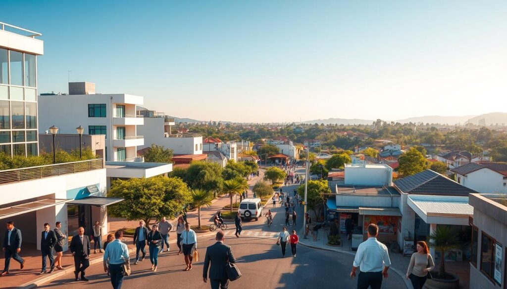 A vibrant and detailed urban landscape of Sarandi, Brazil, showcasing its infrastructure. In the foreground, include a busy, clean street with people in professional business attire and modest casual clothing engaging in everyday activities. In the middle ground, depict modern buildings, small shops, and green spaces, emphasizing a sense of community and local commerce. In the background, show distant residential areas subtly blending with lush greenery, under a bright blue sky. The lighting is warm and inviting, capturing the hustle and bustle of city life during golden hour. Use a dynamic angle that provides depth and perspective, conveying both the liveliness and tranquility of Sarandi. The overall mood should reflect a sense of belonging and productivity, embodying the essence of urban living in this distinctive city. A vibrant and detailed urban landscape of Sarandi, Brazil, showcasing its infrastructure. In the foreground, include a busy, clean street with people in professional business attire and modest casual clothing engaging in everyday activities. In the middle ground, depict modern buildings, small shops, and green spaces, emphasizing a sense of community and local commerce. In the background, show distant residential areas subtly blending with lush greenery, under a bright blue sky. The lighting is warm and inviting, capturing the hustle and bustle of city life during golden hour. Use a dynamic angle that provides depth and perspective, conveying both the liveliness and tranquility of Sarandi. The overall mood should reflect a sense of belonging and productivity, embodying the essence of urban living in this distinctive city.