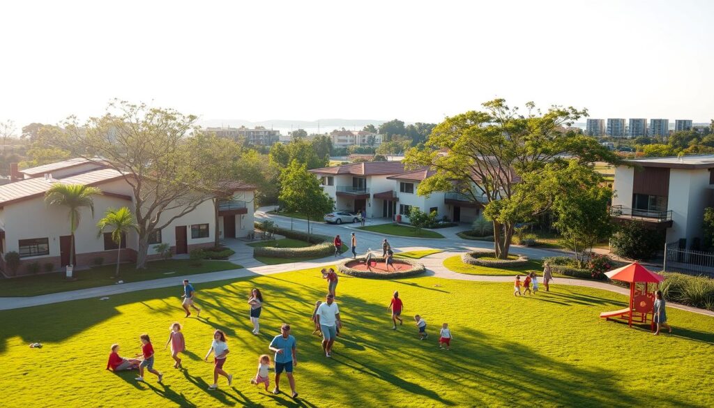 A vibrant and family-friendly neighborhood in Maringá, showcasing a picturesque park with lush green lawns and playgrounds filled with children playing. In the foreground, families enjoying quality time, with parents interacting and kids running around joyfully. In the middle ground, modern houses with friendly facades and gardens, reflecting a sense of community. Trees line the streets, gently swaying in a soft breeze, with sunlight filtering through the leaves, creating a warm, inviting atmosphere. The background features a school building, symbolizing education and children's development. Captured in natural daylight, the mood is cheerful and serene, using a wide-angle lens to encompass the spacious layout of the neighborhood, inviting viewers to appreciate the charm of living in Maringá. A vibrant and family-friendly neighborhood in Maringá, showcasing a picturesque park with lush green lawns and playgrounds filled with children playing. In the foreground, families enjoying quality time, with parents interacting and kids running around joyfully. In the middle ground, modern houses with friendly facades and gardens, reflecting a sense of community. Trees line the streets, gently swaying in a soft breeze, with sunlight filtering through the leaves, creating a warm, inviting atmosphere. The background features a school building, symbolizing education and children's development. Captured in natural daylight, the mood is cheerful and serene, using a wide-angle lens to encompass the spacious layout of the neighborhood, inviting viewers to appreciate the charm of living in Maringá.