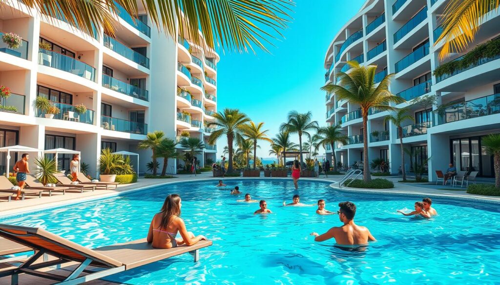 A vibrant and inviting "condomínio clube" scene, showcasing a modern residential complex. In the foreground, a beautifully landscaped pool area features sun loungers and palm trees, capturing a relaxed atmosphere. The middle ground reveals stylish apartments with spacious balconies adorned with plants. Residents in modest casual clothing enjoy activities like swimming and chatting, embodying a sense of community. In the background, bright blue skies contrast with the stunning architecture of the buildings, accentuated by warm, natural lighting. Shot from a slight elevation with a wide-angle lens, the image conveys a lively and harmonious lifestyle within this luxury condo community, emphasizing leisure and relaxation for families and friends. A vibrant and inviting "condomínio clube" scene, showcasing a modern residential complex. In the foreground, a beautifully landscaped pool area features sun loungers and palm trees, capturing a relaxed atmosphere. The middle ground reveals stylish apartments with spacious balconies adorned with plants. Residents in modest casual clothing enjoy activities like swimming and chatting, embodying a sense of community. In the background, bright blue skies contrast with the stunning architecture of the buildings, accentuated by warm, natural lighting. Shot from a slight elevation with a wide-angle lens, the image conveys a lively and harmonious lifestyle within this luxury condo community, emphasizing leisure and relaxation for families and friends.