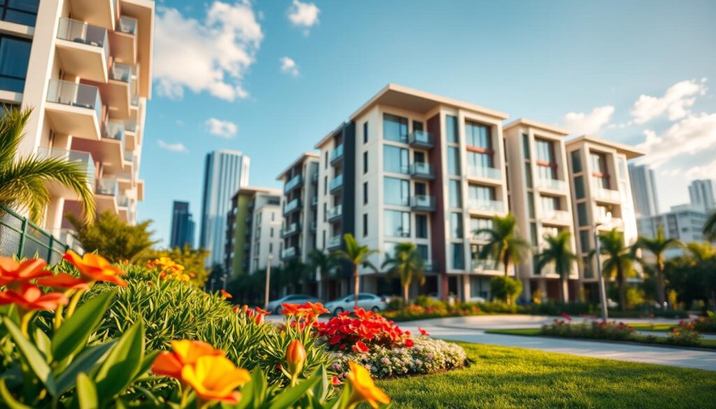 A vibrant and inviting image of a modern residential building in Maringá, showcasing homes available for financing through Caixa Econômica Federal. In the foreground, a well-maintained landscape features lush greenery and colorful flowers, symbolizing a welcoming community. The middle ground highlights a stylish apartment complex with contemporary architecture and large windows reflecting sunlight, emphasizing a sense of modern living. In the background, the iconic skyline of Maringá can be seen, with its unique architecture and blue skies. Soft, natural lighting creates a warm atmosphere, hinting at the possibility of new beginnings for potential homeowners. The angle captures the essence of suburban life, encouraging viewers to envision their future in these properties. A vibrant and inviting image of a modern residential building in Maringá, showcasing homes available for financing through Caixa Econômica Federal. In the foreground, a well-maintained landscape features lush greenery and colorful flowers, symbolizing a welcoming community. The middle ground highlights a stylish apartment complex with contemporary architecture and large windows reflecting sunlight, emphasizing a sense of modern living. In the background, the iconic skyline of Maringá can be seen, with its unique architecture and blue skies. Soft, natural lighting creates a warm atmosphere, hinting at the possibility of new beginnings for potential homeowners. The angle captures the essence of suburban life, encouraging viewers to envision their future in these properties.