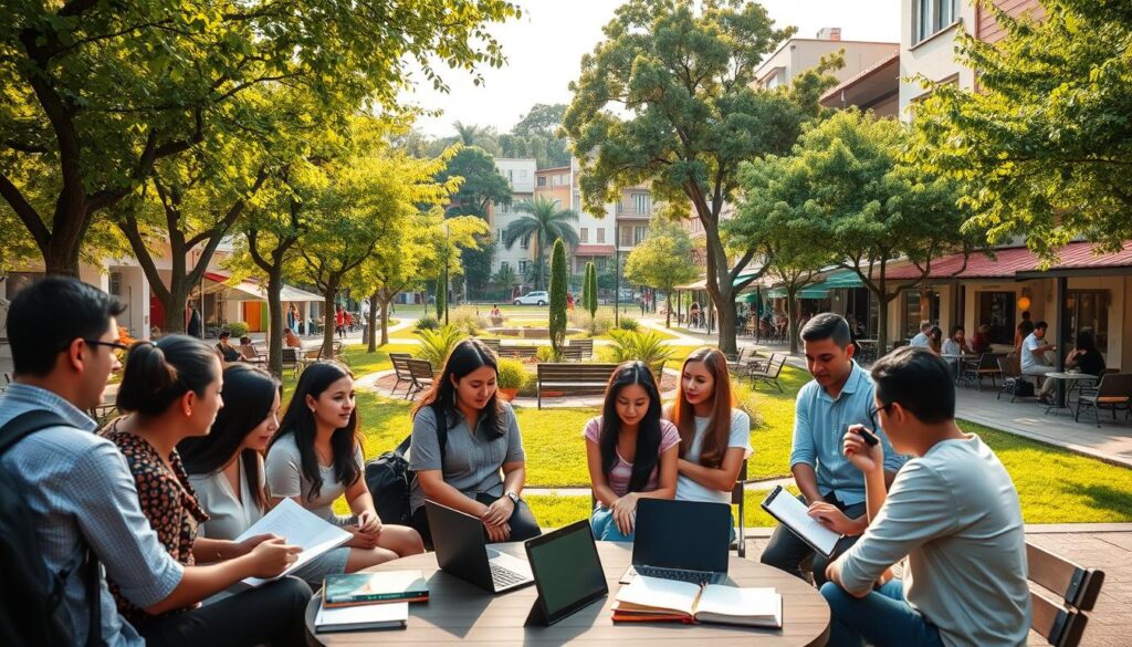 A vibrant and inviting scene of the Zona 07 neighborhood in Maringá, specifically tailored for students from UEM. In the foreground, a group of diverse students, dressed in smart casual attire, gather around an outdoor study area, with books and laptops spread out. The middle ground reveals a picturesque park filled with lush green trees and benches, ideal for studying and socializing. In the background, charming local cafes and student-friendly housing options create a sense of community. The scene is bathed in warm, afternoon sunlight, casting gentle shadows and enhancing the welcoming atmosphere. The angle is slightly elevated, showcasing both the lively student activity and the beautiful architecture of the area, capturing the essence of why Zona 07 is a popular choice for students. A vibrant and inviting scene of the Zona 07 neighborhood in Maringá, specifically tailored for students from UEM. In the foreground, a group of diverse students, dressed in smart casual attire, gather around an outdoor study area, with books and laptops spread out. The middle ground reveals a picturesque park filled with lush green trees and benches, ideal for studying and socializing. In the background, charming local cafes and student-friendly housing options create a sense of community. The scene is bathed in warm, afternoon sunlight, casting gentle shadows and enhancing the welcoming atmosphere. The angle is slightly elevated, showcasing both the lively student activity and the beautiful architecture of the area, capturing the essence of why Zona 07 is a popular choice for students.