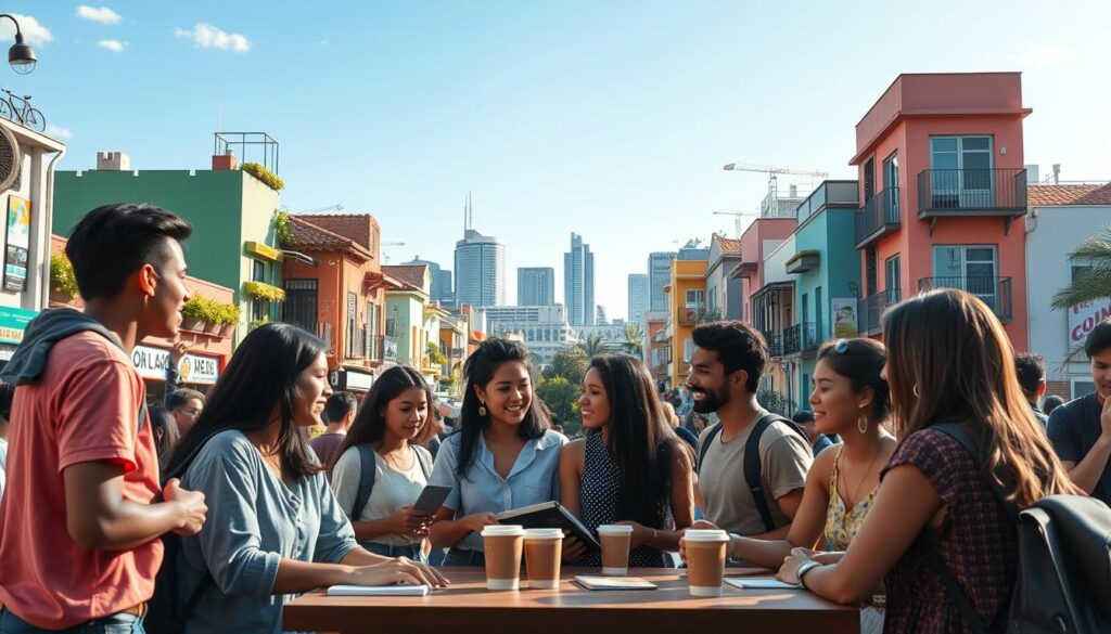 A vibrant and lively scene depicting the essence of student republics in Maringá, Brazil. In the foreground, show diverse young adults of various ethnicities engaging in friendly conversations, wearing modest casual clothing, and exchanging ideas over a table with textbooks and cups of coffee. In the middle ground, depict charming, colorful buildings typical of Maringá, some adorned with greenery and decorations that hint at student life, such as bicycle racks and posters for events. The background features the iconic skyline of Maringá with its modern architecture under a clear blue sky, suggesting a sense of community and liveliness. The lighting is warm and inviting, conveying a sense of belonging and camaraderie among students. The atmosphere is dynamic, illustrating the importance of these student republics in fostering friendships and cultural exchange. A vibrant and lively scene depicting the essence of student republics in Maringá, Brazil. In the foreground, show diverse young adults of various ethnicities engaging in friendly conversations, wearing modest casual clothing, and exchanging ideas over a table with textbooks and cups of coffee. In the middle ground, depict charming, colorful buildings typical of Maringá, some adorned with greenery and decorations that hint at student life, such as bicycle racks and posters for events. The background features the iconic skyline of Maringá with its modern architecture under a clear blue sky, suggesting a sense of community and liveliness. The lighting is warm and inviting, conveying a sense of belonging and camaraderie among students. The atmosphere is dynamic, illustrating the importance of these student republics in fostering friendships and cultural exchange.