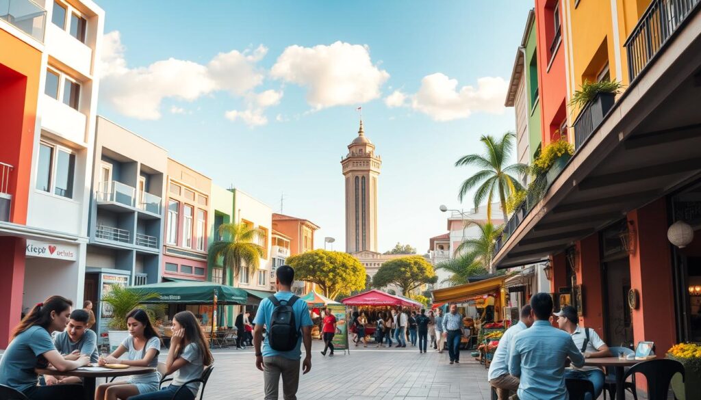 A vibrant and lively street scene in Bairro Zona 03, Maringá, showcasing a mix of modern and traditional architecture with colorful facades. In the foreground, young students in casual but tidy clothing interact at an outdoor café, engaging in study groups and conversations. The middle ground features a bustling market with vendors selling fresh produce and local crafts, surrounded by greenery and decorative street art. In the background, the iconic tower of a nearby university stands tall under a bright blue sky with a few fluffy clouds. The lighting is warm and inviting, captured during the golden hour, creating a welcoming and energetic atmosphere. The perspective is slightly elevated, offering a wide view of the lively neighborhood life. A vibrant and lively street scene in Bairro Zona 03, Maringá, showcasing a mix of modern and traditional architecture with colorful facades. In the foreground, young students in casual but tidy clothing interact at an outdoor café, engaging in study groups and conversations. The middle ground features a bustling market with vendors selling fresh produce and local crafts, surrounded by greenery and decorative street art. In the background, the iconic tower of a nearby university stands tall under a bright blue sky with a few fluffy clouds. The lighting is warm and inviting, captured during the golden hour, creating a welcoming and energetic atmosphere. The perspective is slightly elevated, offering a wide view of the lively neighborhood life.