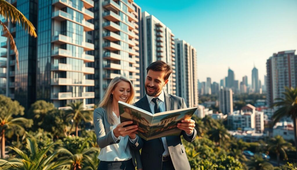 A vibrant and modern real estate scene in Maringá, showcasing luxury high-rise buildings surrounded by lush greenery. In the foreground, a well-dressed couple in professional attire is engaged in discussion while looking at a property brochure, symbolizing the high-end market. The middle ground features sleek residential towers with glass facades reflecting the sunlight, conveying prosperity. In the background, the skyline of Maringá reveals a mix of contemporary architecture against a clear blue sky, emphasizing the city’s real estate boom. The scene is illuminated by warm, natural light, creating an inviting atmosphere, with a slight focus on the couple, captured through a wide-angle lens to provide depth and context to the vibrant urban environment. A vibrant and modern real estate scene in Maringá, showcasing luxury high-rise buildings surrounded by lush greenery. In the foreground, a well-dressed couple in professional attire is engaged in discussion while looking at a property brochure, symbolizing the high-end market. The middle ground features sleek residential towers with glass facades reflecting the sunlight, conveying prosperity. In the background, the skyline of Maringá reveals a mix of contemporary architecture against a clear blue sky, emphasizing the city’s real estate boom. The scene is illuminated by warm, natural light, creating an inviting atmosphere, with a slight focus on the couple, captured through a wide-angle lens to provide depth and context to the vibrant urban environment.
