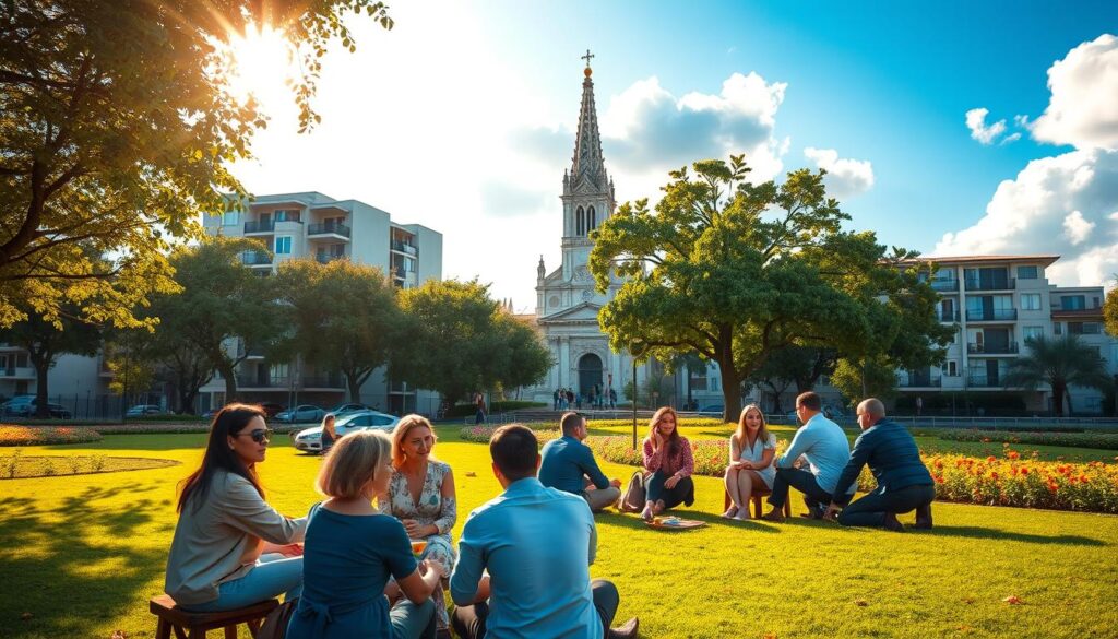 A vibrant and serene urban scene in Maringá, showcasing a balanced lifestyle. In the foreground, a diverse group of professionals in smart casual attire enjoys a picnic in a lush park surrounded by trees and blooming flowers. The middle ground features modern residential buildings with large windows, symbolizing a thriving community. In the background, the iconic Maringá Cathedral towers against a bright blue sky with fluffy clouds. Golden sunlight bathes the scene, creating a warm, inviting atmosphere. The image conveys a sense of safety and quality of life, evoking feelings of community, tranquility, and potential growth as Maringá evolves towards 2026. Use a wide-angle lens to capture the expansive beauty and harmonious essence of the city. A vibrant and serene urban scene in Maringá, showcasing a balanced lifestyle. In the foreground, a diverse group of professionals in smart casual attire enjoys a picnic in a lush park surrounded by trees and blooming flowers. The middle ground features modern residential buildings with large windows, symbolizing a thriving community. In the background, the iconic Maringá Cathedral towers against a bright blue sky with fluffy clouds. Golden sunlight bathes the scene, creating a warm, inviting atmosphere. The image conveys a sense of safety and quality of life, evoking feelings of community, tranquility, and potential growth as Maringá evolves towards 2026. Use a wide-angle lens to capture the expansive beauty and harmonious essence of the city.