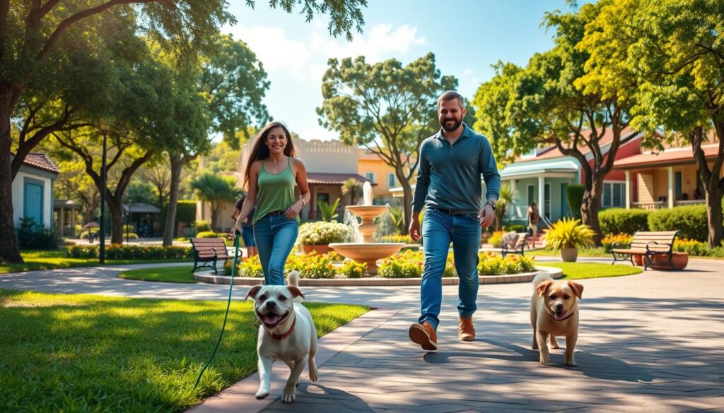 A vibrant and welcoming pet-friendly neighborhood in Maringá, Brazil, featuring tree-lined streets, lush green parks, and happy dogs playing with their owners. In the foreground, a cheerful small dog is seen playing fetch, while a friendly couple walks by in casual clothing, smiling at their pets. The middle ground captures a beautifully landscaped park with benches and a water fountain, surrounded by blooming flowers. In the background, charming houses with colorful facades are visible under a bright blue sky, conveying a sunny day atmosphere. Soft, golden sunlight bathes the scene, creating a warm and inviting mood. The image should evoke feelings of community and joy, ideal for dog lovers. A vibrant and welcoming pet-friendly neighborhood in Maringá, Brazil, featuring tree-lined streets, lush green parks, and happy dogs playing with their owners. In the foreground, a cheerful small dog is seen playing fetch, while a friendly couple walks by in casual clothing, smiling at their pets. The middle ground captures a beautifully landscaped park with benches and a water fountain, surrounded by blooming flowers. In the background, charming houses with colorful facades are visible under a bright blue sky, conveying a sunny day atmosphere. Soft, golden sunlight bathes the scene, creating a warm and inviting mood. The image should evoke feelings of community and joy, ideal for dog lovers.