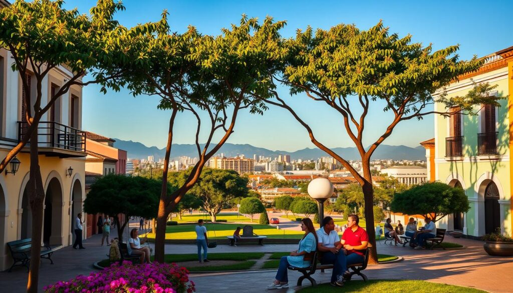 A vibrant and welcoming view of Marialva, Brazil, showcasing its charming architecture in the foreground, featuring clean streets lined with trees and colorful flowers. In the middle ground, families engage in outdoor activities at a local park, with children playing on swings and parents enjoying leisurely conversations on benches, all dressed in casual, modest clothing. The background reveals the city’s skyline with a blend of modern and traditional buildings against a clear blue sky. The scene is illuminated by warm, golden sunlight, creating a positive and inviting atmosphere, with soft shadows enhancing the details. The angle is slightly elevated, capturing the essence of community and the quality of life in this family-friendly town. A vibrant and welcoming view of Marialva, Brazil, showcasing its charming architecture in the foreground, featuring clean streets lined with trees and colorful flowers. In the middle ground, families engage in outdoor activities at a local park, with children playing on swings and parents enjoying leisurely conversations on benches, all dressed in casual, modest clothing. The background reveals the city’s skyline with a blend of modern and traditional buildings against a clear blue sky. The scene is illuminated by warm, golden sunlight, creating a positive and inviting atmosphere, with soft shadows enhancing the details. The angle is slightly elevated, capturing the essence of community and the quality of life in this family-friendly town.
