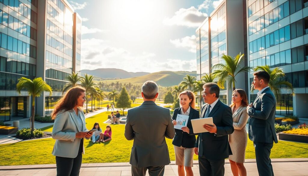 A vibrant business district in Marialva, PR, showcasing modern buildings with large windows reflecting the bright morning sun. In the foreground, a diverse group of professionals in smart business attire are engaged in discussion, holding charts and tablets depicting economic growth data and trends. The middle ground features a park with families enjoying leisurely activities, symbolizing community growth and well-being. In the background, lush green hills and a blue sky complete the picturesque scene, evoking a sense of optimism and progress. The lighting is warm and inviting, emphasizing a bright future for Marialva. The atmosphere is dynamic and focused, illustrating the theme of growth and development in the municipality. A vibrant business district in Marialva, PR, showcasing modern buildings with large windows reflecting the bright morning sun. In the foreground, a diverse group of professionals in smart business attire are engaged in discussion, holding charts and tablets depicting economic growth data and trends. The middle ground features a park with families enjoying leisurely activities, symbolizing community growth and well-being. In the background, lush green hills and a blue sky complete the picturesque scene, evoking a sense of optimism and progress. The lighting is warm and inviting, emphasizing a bright future for Marialva. The atmosphere is dynamic and focused, illustrating the theme of growth and development in the municipality.
