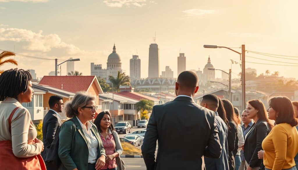 A vibrant, bustling scene depicting community safety in Maringá. In the foreground, a diverse group of residents, dressed in professional business attire, engage in a neighborhood watch meeting, discussing security strategies. In the middle ground, several homes are visible, showcasing safe, well-lit streets and neighborhood surveillance cameras, conveying a sense of vigilance. The background features iconic Maringá landmarks under a bright, sunny sky, creating an inviting atmosphere. The lighting is warm and natural, enhancing the sense of community and collaboration. The composition captures a blend of urban life and safety, emphasizing the importance of solidarity in ensuring a secure environment. A vibrant, bustling scene depicting community safety in Maringá. In the foreground, a diverse group of residents, dressed in professional business attire, engage in a neighborhood watch meeting, discussing security strategies. In the middle ground, several homes are visible, showcasing safe, well-lit streets and neighborhood surveillance cameras, conveying a sense of vigilance. The background features iconic Maringá landmarks under a bright, sunny sky, creating an inviting atmosphere. The lighting is warm and natural, enhancing the sense of community and collaboration. The composition captures a blend of urban life and safety, emphasizing the importance of solidarity in ensuring a secure environment.