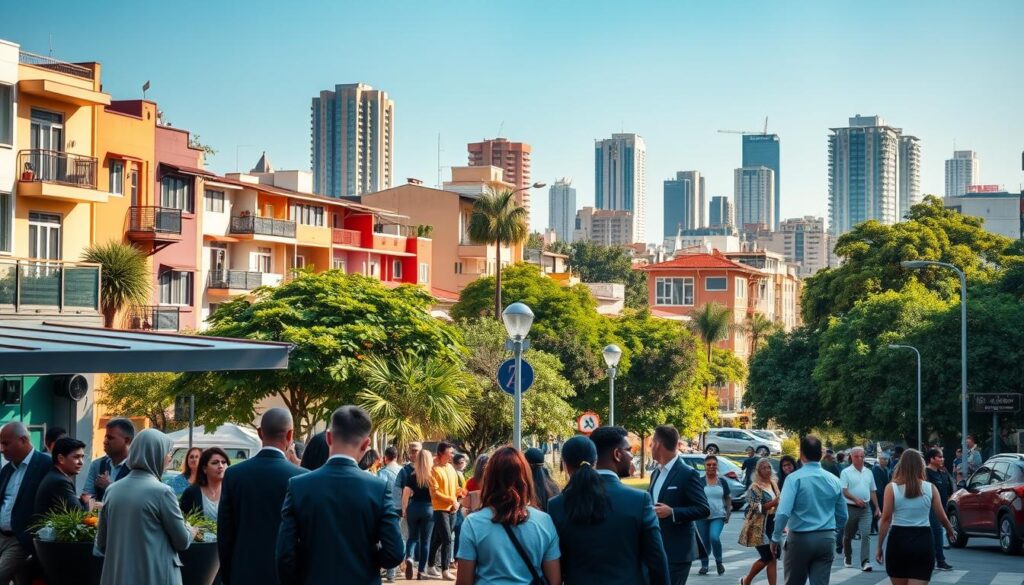 A vibrant, bustling street scene in Maringá, Brazil, showcasing a variety of distinct neighborhoods. In the foreground, a diverse group of people dressed in professional business attire engage in conversation outside a modern café, reflecting the city's dynamic lifestyle. The middle ground features colorful residential buildings with unique architectural styles characteristic of Maringá, surrounded by lush green parks and trees that provide a sense of community. In the background, the iconic high-rise buildings of the city skyline rise against a clear blue sky. The lighting is bright and warm, evoking a lively, midday atmosphere. Capture this scene with a wide-angle lens to emphasize both the urban density and the individual charm of each neighborhood. A vibrant, bustling street scene in Maringá, Brazil, showcasing a variety of distinct neighborhoods. In the foreground, a diverse group of people dressed in professional business attire engage in conversation outside a modern café, reflecting the city's dynamic lifestyle. The middle ground features colorful residential buildings with unique architectural styles characteristic of Maringá, surrounded by lush green parks and trees that provide a sense of community. In the background, the iconic high-rise buildings of the city skyline rise against a clear blue sky. The lighting is bright and warm, evoking a lively, midday atmosphere. Capture this scene with a wide-angle lens to emphasize both the urban density and the individual charm of each neighborhood.