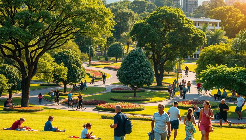 A vibrant city park in Maringá, Brazil, showcasing lush green landscapes and abundant trees, nestled in a lively barrio. In the foreground, a diverse group of people in modest casual clothing enjoy a sunny day; a family has a picnic on the grass while joggers and cyclists navigate the winding paths. The middle ground features a variety of trees and colorful flowerbeds, with well-maintained walkways inviting exploration. In the background, glimpses of modern architecture can be seen peeking through the foliage, blending seamlessly with nature. The scene is bathed in warm, golden sunlight, casting soft shadows and creating a serene, inviting atmosphere that reflects the city's commitment to greenery and quality of life. A vibrant city park in Maringá, Brazil, showcasing lush green landscapes and abundant trees, nestled in a lively barrio. In the foreground, a diverse group of people in modest casual clothing enjoy a sunny day; a family has a picnic on the grass while joggers and cyclists navigate the winding paths. The middle ground features a variety of trees and colorful flowerbeds, with well-maintained walkways inviting exploration. In the background, glimpses of modern architecture can be seen peeking through the foliage, blending seamlessly with nature. The scene is bathed in warm, golden sunlight, casting soft shadows and creating a serene, inviting atmosphere that reflects the city's commitment to greenery and quality of life.
