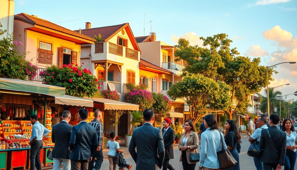 A vibrant city street scene in the heart of Mandaguari, captured during the golden hour for warm, inviting lighting. In the foreground, a diverse group of professionals, dressed in business attire, engage in conversation near a colorful marketplace, showcasing local culture. The middle ground features charming residential buildings with a mix of traditional and modern architecture, adorned with lush greenery and blooming flowers. In the background, a clear blue sky complements the scene, with soft white clouds adding a sense of tranquility. The angle is slightly elevated, providing an inviting perspective of this bustling yet peaceful urban neighborhood, enhancing the overall mood of community and harmony. A vibrant city street scene in the heart of Mandaguari, captured during the golden hour for warm, inviting lighting. In the foreground, a diverse group of professionals, dressed in business attire, engage in conversation near a colorful marketplace, showcasing local culture. The middle ground features charming residential buildings with a mix of traditional and modern architecture, adorned with lush greenery and blooming flowers. In the background, a clear blue sky complements the scene, with soft white clouds adding a sense of tranquility. The angle is slightly elevated, providing an inviting perspective of this bustling yet peaceful urban neighborhood, enhancing the overall mood of community and harmony.