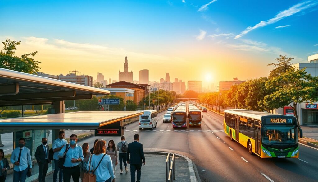 A vibrant cityscape depicting the metropolitan transportation infrastructure of Maringá, Brazil. In the foreground, showcase a modern bus stop with commuters waiting, all dressed in smart casual attire, reflecting a busy urban atmosphere. The middle ground features sleek, articulate buses navigating along wide avenues lined with trees and local businesses, emphasizing connectivity. In the background, the iconic skyline of Maringá can be seen, including the distinctive Minerva Church tower, under a clear blue sky bathed in the warm golden glow of late afternoon sunlight. The entire scene conveys a sense of movement and integration, highlighting the efficient transportation system linking Maringá and Sarandi. A dynamic yet peaceful mood prevails, portraying a harmonious urban lifestyle. A vibrant cityscape depicting the metropolitan transportation infrastructure of Maringá, Brazil. In the foreground, showcase a modern bus stop with commuters waiting, all dressed in smart casual attire, reflecting a busy urban atmosphere. The middle ground features sleek, articulate buses navigating along wide avenues lined with trees and local businesses, emphasizing connectivity. In the background, the iconic skyline of Maringá can be seen, including the distinctive Minerva Church tower, under a clear blue sky bathed in the warm golden glow of late afternoon sunlight. The entire scene conveys a sense of movement and integration, highlighting the efficient transportation system linking Maringá and Sarandi. A dynamic yet peaceful mood prevails, portraying a harmonious urban lifestyle.