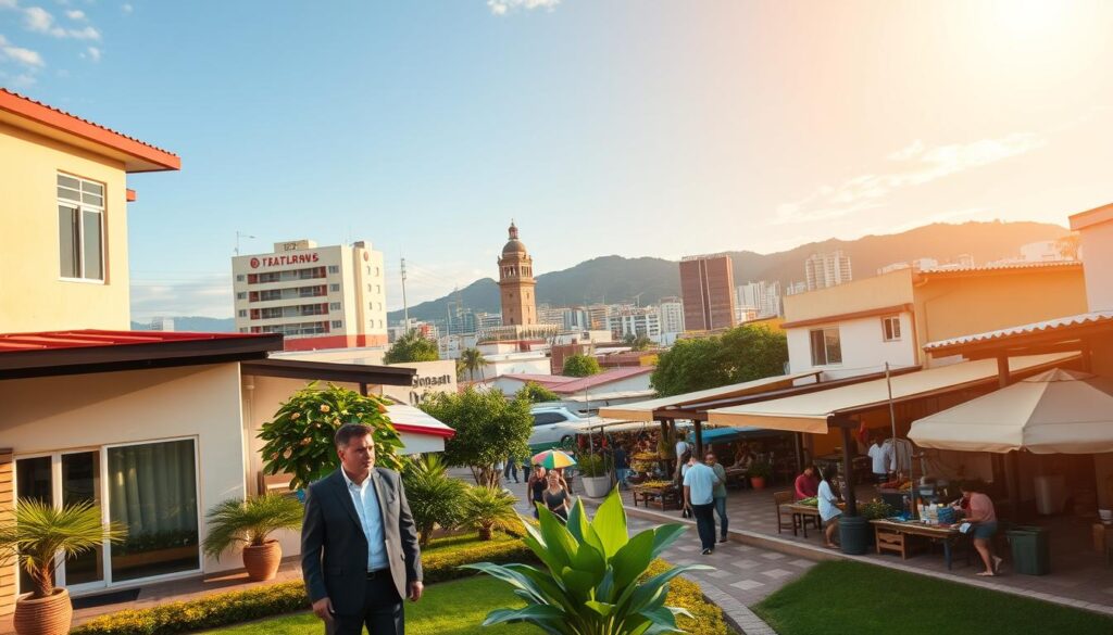 A vibrant cityscape of Maringá, Brazil, showcasing a diversified economy and regional hub. In the foreground, a modern Airbnb property with a welcoming facade and a well-kept garden, where an individual in professional business attire is engaging with guests. In the middle ground, a bustling marketplace with local vendors and people enjoying the vibrant atmosphere. Iconic regional landmarks are visible, hinting at the city's developmental growth. The background features a clear sky with soft, golden sunlight casting gentle shadows, creating a warm, inviting mood. The scene captures the essence of a thriving community, emphasizing economic development and the tourist appeal of Maringá. The angle offers a wide view, allowing depth and context to the urban landscape while showcasing a friendly neighborhood atmosphere. A vibrant cityscape of Maringá, Brazil, showcasing a diversified economy and regional hub. In the foreground, a modern Airbnb property with a welcoming facade and a well-kept garden, where an individual in professional business attire is engaging with guests. In the middle ground, a bustling marketplace with local vendors and people enjoying the vibrant atmosphere. Iconic regional landmarks are visible, hinting at the city's developmental growth. The background features a clear sky with soft, golden sunlight casting gentle shadows, creating a warm, inviting mood. The scene captures the essence of a thriving community, emphasizing economic development and the tourist appeal of Maringá. The angle offers a wide view, allowing depth and context to the urban landscape while showcasing a friendly neighborhood atmosphere.