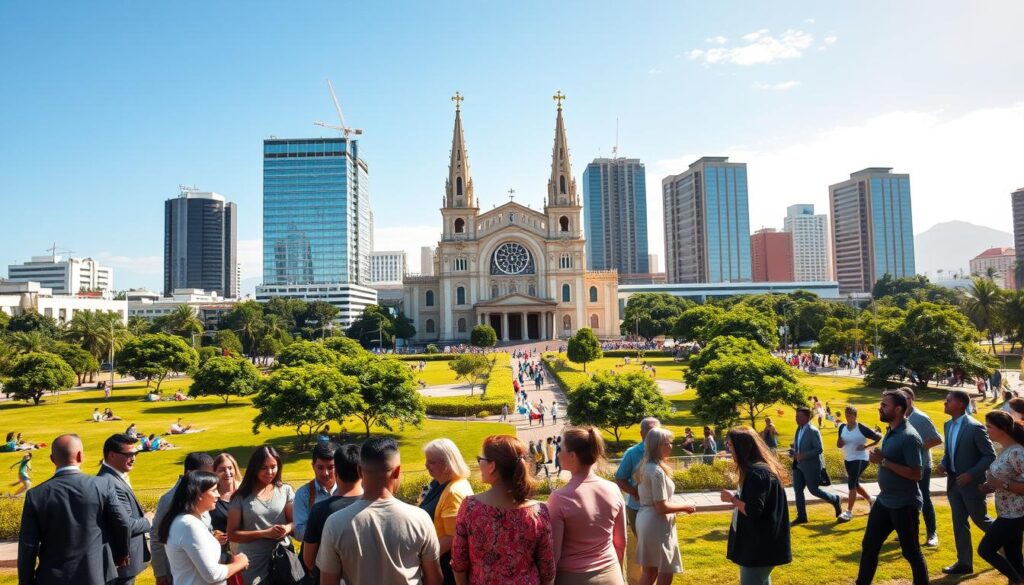 A vibrant cityscape of Maringá, Brazil, showcasing its high quality of life. In the foreground, a diverse group of professionally dressed individuals engaging in a community activity, showcasing collaboration and connection. The middle ground features lush green parks with families enjoying picnics, children playing, and people jogging, emphasizing a healthy lifestyle. The background displays the iconic Maringá Cathedral and modern skyscrapers under a clear blue sky, symbolizing urban development and progress. Warm sunlight bathes the scene, creating a welcoming atmosphere that highlights the city's charm. The composition is framed with a slightly elevated angle to capture the vibrancy of daily life, exuding a sense of community and well-being. A vibrant cityscape of Maringá, Brazil, showcasing its high quality of life. In the foreground, a diverse group of professionally dressed individuals engaging in a community activity, showcasing collaboration and connection. The middle ground features lush green parks with families enjoying picnics, children playing, and people jogging, emphasizing a healthy lifestyle. The background displays the iconic Maringá Cathedral and modern skyscrapers under a clear blue sky, symbolizing urban development and progress. Warm sunlight bathes the scene, creating a welcoming atmosphere that highlights the city's charm. The composition is framed with a slightly elevated angle to capture the vibrancy of daily life, exuding a sense of community and well-being.