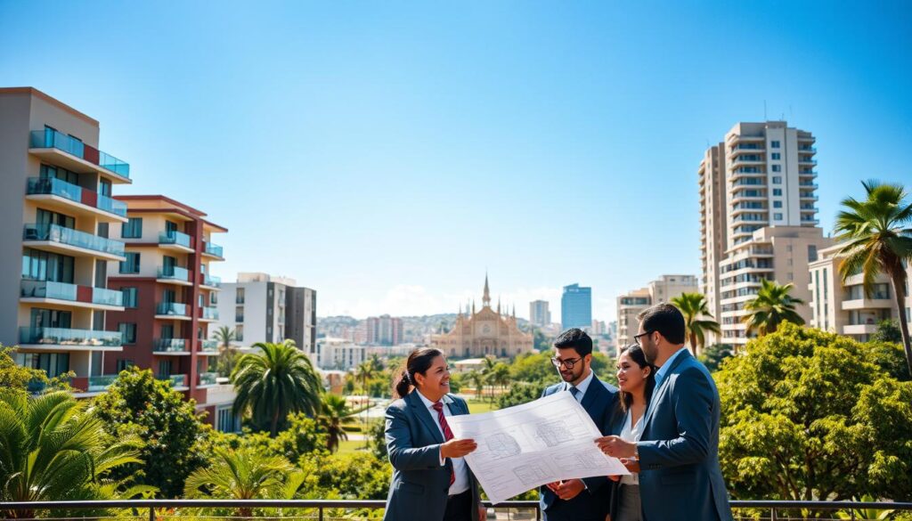 A vibrant cityscape of Maringá, Brazil, showcasing modern architecture and lush greenery, emphasizing the allure of real estate investment. In the foreground, a diverse group of professionals in business attire consult over a blueprint while discussing property options, displaying enthusiasm and collaboration. The middle ground features appealing residential buildings and commercial properties, interspersed with greenery and parks, illustrating a balanced urban lifestyle. The background showcases Maringá's iconic Cathedral and city skyline under a clear blue sky, bathed in warm sunlight, creating an uplifting atmosphere. Use a wide-angle lens to capture the depth and vibrancy of the scene, ensuring the lighting highlights the architectural details and inviting outdoor spaces. The mood is optimistic and energetic, conveying the potential and opportunities available in Maringá's real estate market. A vibrant cityscape of Maringá, Brazil, showcasing modern architecture and lush greenery, emphasizing the allure of real estate investment. In the foreground, a diverse group of professionals in business attire consult over a blueprint while discussing property options, displaying enthusiasm and collaboration. The middle ground features appealing residential buildings and commercial properties, interspersed with greenery and parks, illustrating a balanced urban lifestyle. The background showcases Maringá's iconic Cathedral and city skyline under a clear blue sky, bathed in warm sunlight, creating an uplifting atmosphere. Use a wide-angle lens to capture the depth and vibrancy of the scene, ensuring the lighting highlights the architectural details and inviting outdoor spaces. The mood is optimistic and energetic, conveying the potential and opportunities available in Maringá's real estate market.