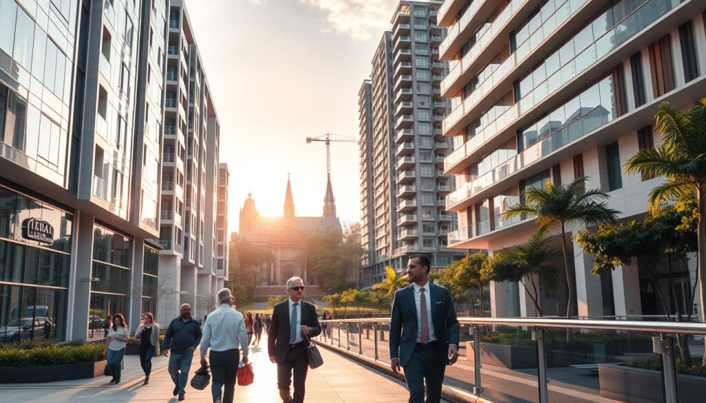 A vibrant cityscape of Maringá in the year 2025, showcasing modern architectural developments. In the foreground, sleek, high-rise residential buildings with large glass windows reflect the sunlight, while people dressed in professional business attire are walking along a bustling sidewalk, engaged in discussions about real estate. In the middle ground, a mixed-use development project under construction symbolizes growth and investment in the housing market. The background features Maringá's iconic cathedral and green parks, symbolizing its urban charm. The scene is illuminated by warm, golden hour sunlight, casting soft shadows and creating an optimistic, forward-looking atmosphere. The angle captures a dynamic perspective that emphasizes both the contemporary structures and the city’s natural beauty. A vibrant cityscape of Maringá in the year 2025, showcasing modern architectural developments. In the foreground, sleek, high-rise residential buildings with large glass windows reflect the sunlight, while people dressed in professional business attire are walking along a bustling sidewalk, engaged in discussions about real estate. In the middle ground, a mixed-use development project under construction symbolizes growth and investment in the housing market. The background features Maringá's iconic cathedral and green parks, symbolizing its urban charm. The scene is illuminated by warm, golden hour sunlight, casting soft shadows and creating an optimistic, forward-looking atmosphere. The angle captures a dynamic perspective that emphasizes both the contemporary structures and the city’s natural beauty.
