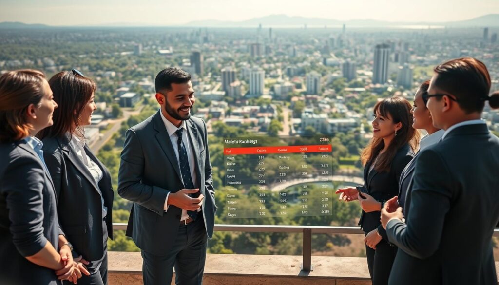 A vibrant cityscape of Maringá, showcasing a ranking of its best neighborhoods for residential living in 2026. In the foreground, a diverse group of professional individuals dressed in smart business attire, engaged in conversation and interacting with a visually appealing digital display showing a ranking chart of neighborhoods. The middle ground features a panoramic view of Maringá's residential areas, highlighting lush parks, modern buildings, and local amenities. The background presents a bright, sunny sky, casting warm, natural light over the scene, emphasizing a welcoming atmosphere. The image should have a slight depth of field to focus on the individuals and the ranking display while keeping the neighborhoods clearly visible. The overall mood should convey optimism, community, and a sense of home. A vibrant cityscape of Maringá, showcasing a ranking of its best neighborhoods for residential living in 2026. In the foreground, a diverse group of professional individuals dressed in smart business attire, engaged in conversation and interacting with a visually appealing digital display showing a ranking chart of neighborhoods. The middle ground features a panoramic view of Maringá's residential areas, highlighting lush parks, modern buildings, and local amenities. The background presents a bright, sunny sky, casting warm, natural light over the scene, emphasizing a welcoming atmosphere. The image should have a slight depth of field to focus on the individuals and the ranking display while keeping the neighborhoods clearly visible. The overall mood should convey optimism, community, and a sense of home.
