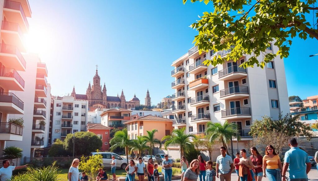 A vibrant cityscape of Maringá, showcasing a variety of affordable apartment buildings in a bustling neighborhood. In the foreground, include well-maintained modern apartments with balconies and green spaces, representing accessibility and comfort. The middle ground shows families and individuals in modest casual clothing interacting and enjoying the area, emphasizing community life. In the background, depict Maringá's distinctive architecture, such as the iconic Cathedral, under a clear blue sky, with bright sunlight illuminating the scene. The atmosphere should feel warm and welcoming, indicative of a thriving housing market. Use a slightly elevated angle to capture the essence of the neighborhood, emphasizing accessibility and urban vibrancy. A vibrant cityscape of Maringá, showcasing a variety of affordable apartment buildings in a bustling neighborhood. In the foreground, include well-maintained modern apartments with balconies and green spaces, representing accessibility and comfort. The middle ground shows families and individuals in modest casual clothing interacting and enjoying the area, emphasizing community life. In the background, depict Maringá's distinctive architecture, such as the iconic Cathedral, under a clear blue sky, with bright sunlight illuminating the scene. The atmosphere should feel warm and welcoming, indicative of a thriving housing market. Use a slightly elevated angle to capture the essence of the neighborhood, emphasizing accessibility and urban vibrancy.
