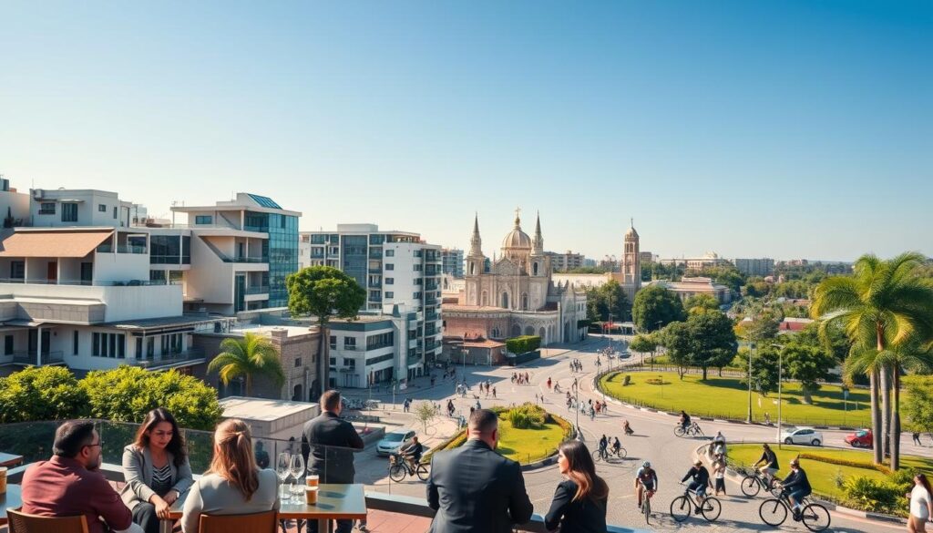 A vibrant cityscape of Maringá showcasing its distinct zones, such as residential areas, commercial districts, and green spaces. In the foreground, feature well-dressed professionals engaging in friendly conversation at a café terrace, highlighting the social life of the city. The middle ground should display a blend of modern and traditional architecture, with bustling streets filled with pedestrians and cyclists. In the background, include the iconic Cathedral of Maringá and lush parks under a clear blue sky, capturing the warmth of a sunny day. Use soft, natural lighting to create a lively atmosphere, and employ a slightly tilted angle to give the scene dynamic depth, evoking a sense of community and harmony within the diverse regions of Maringá. A vibrant cityscape of Maringá showcasing its distinct zones, such as residential areas, commercial districts, and green spaces. In the foreground, feature well-dressed professionals engaging in friendly conversation at a café terrace, highlighting the social life of the city. The middle ground should display a blend of modern and traditional architecture, with bustling streets filled with pedestrians and cyclists. In the background, include the iconic Cathedral of Maringá and lush parks under a clear blue sky, capturing the warmth of a sunny day. Use soft, natural lighting to create a lively atmosphere, and employ a slightly tilted angle to give the scene dynamic depth, evoking a sense of community and harmony within the diverse regions of Maringá.
