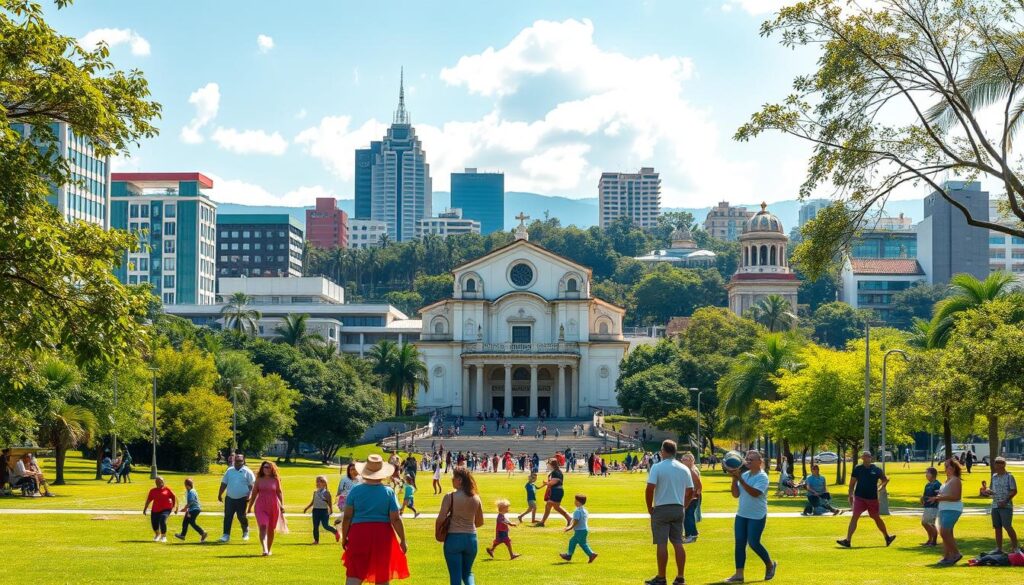 A vibrant cityscape of Maringá, showcasing its modern architecture and lush greenery that symbolize high quality of life. In the foreground, a well-kept park filled with families enjoying leisure time, people engaging in sports, and children playing, all dressed in stylish yet modest casual clothing. The middle ground features Maringá's iconic cathedral, reflecting the city's cultural richness and communal spirit. In the background, a skyline with contemporary buildings, surrounded by trees and blue skies, conveys a sense of prosperity. Natural sunlight bathes the scene in a warm glow, creating an inviting and optimistic atmosphere. Capture this dynamic balance between social interactions and urban beauty, emphasizing vitality and community well-being. A vibrant cityscape of Maringá, showcasing its modern architecture and lush greenery that symbolize high quality of life. In the foreground, a well-kept park filled with families enjoying leisure time, people engaging in sports, and children playing, all dressed in stylish yet modest casual clothing. The middle ground features Maringá's iconic cathedral, reflecting the city's cultural richness and communal spirit. In the background, a skyline with contemporary buildings, surrounded by trees and blue skies, conveys a sense of prosperity. Natural sunlight bathes the scene in a warm glow, creating an inviting and optimistic atmosphere. Capture this dynamic balance between social interactions and urban beauty, emphasizing vitality and community well-being.