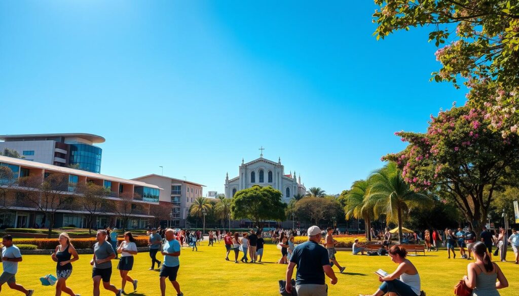 A vibrant cityscape of Maringá, showcasing its renowned quality of life. In the foreground, diverse people of various ages enjoy a sunlit park, engaging in leisure activities like jogging, reading, and having picnics. In the middle ground, modern architecture is highlighted, featuring green spaces and well-designed public areas with trees and flowers in full bloom. The background consists of the iconic Cathedral of Maringá under a clear blue sky, symbolizing the city's charm. The scene is warmly lit by the afternoon sun, creating a welcoming and peaceful atmosphere. The angle is slightly elevated, capturing the city's vitality and community spirit, while emphasizing the harmonious blend of nature and urban living. A vibrant cityscape of Maringá, showcasing its renowned quality of life. In the foreground, diverse people of various ages enjoy a sunlit park, engaging in leisure activities like jogging, reading, and having picnics. In the middle ground, modern architecture is highlighted, featuring green spaces and well-designed public areas with trees and flowers in full bloom. The background consists of the iconic Cathedral of Maringá under a clear blue sky, symbolizing the city's charm. The scene is warmly lit by the afternoon sun, creating a welcoming and peaceful atmosphere. The angle is slightly elevated, capturing the city's vitality and community spirit, while emphasizing the harmonious blend of nature and urban living.