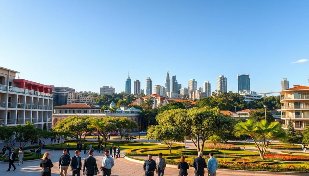 A vibrant cityscape of Maringá, showcasing the most valued neighborhoods, with a focus on modern architecture and lush green parks. In the foreground, an elegant plaza featuring people in professional attire engaging in conversation and enjoying the surroundings, embodying a sense of community. The middle ground reveals a selection of contemporary buildings and residential complexes, adorned with flowering trees and well-maintained gardens, illustrating the appeal of these neighborhoods. In the background, iconic landmarks of Maringá rise against a clear blue sky, bathed in warm, golden sunlight to evoke a welcoming atmosphere. The scene conveys a sense of prosperity and quality of life. Use a wide-angle lens to emphasize the scale and beauty of the city, enhancing the vibrant colors and inviting vibe. A vibrant cityscape of Maringá, showcasing the most valued neighborhoods, with a focus on modern architecture and lush green parks. In the foreground, an elegant plaza featuring people in professional attire engaging in conversation and enjoying the surroundings, embodying a sense of community. The middle ground reveals a selection of contemporary buildings and residential complexes, adorned with flowering trees and well-maintained gardens, illustrating the appeal of these neighborhoods. In the background, iconic landmarks of Maringá rise against a clear blue sky, bathed in warm, golden sunlight to evoke a welcoming atmosphere. The scene conveys a sense of prosperity and quality of life. Use a wide-angle lens to emphasize the scale and beauty of the city, enhancing the vibrant colors and inviting vibe.