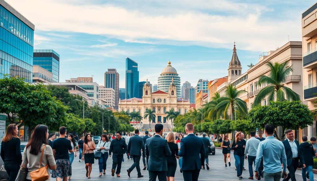 A vibrant cityscape showcasing the distinct identities of Curitiba and Maringá, two prominent cities in Paraná, Brazil. In the foreground, a bustling urban street scene featuring people in professional business attire engaging in lively discussions. The middle ground highlights iconic landmarks from both cities: Curitiba’s modern architecture and green spaces, paired with Maringá’s beautiful cathedral and vibrant plazas. The background reveals a clear blue sky, enhancing the cities' skyline where urban and natural elements coexist harmoniously. Soft, warm lighting casts an inviting atmosphere, emphasizing the dynamic nature of both cities. The angle captures a balanced view, allowing both cities to shine equally without any text or extraneous elements. A vibrant cityscape showcasing the distinct identities of Curitiba and Maringá, two prominent cities in Paraná, Brazil. In the foreground, a bustling urban street scene featuring people in professional business attire engaging in lively discussions. The middle ground highlights iconic landmarks from both cities: Curitiba’s modern architecture and green spaces, paired with Maringá’s beautiful cathedral and vibrant plazas. The background reveals a clear blue sky, enhancing the cities' skyline where urban and natural elements coexist harmoniously. Soft, warm lighting casts an inviting atmosphere, emphasizing the dynamic nature of both cities. The angle captures a balanced view, allowing both cities to shine equally without any text or extraneous elements.