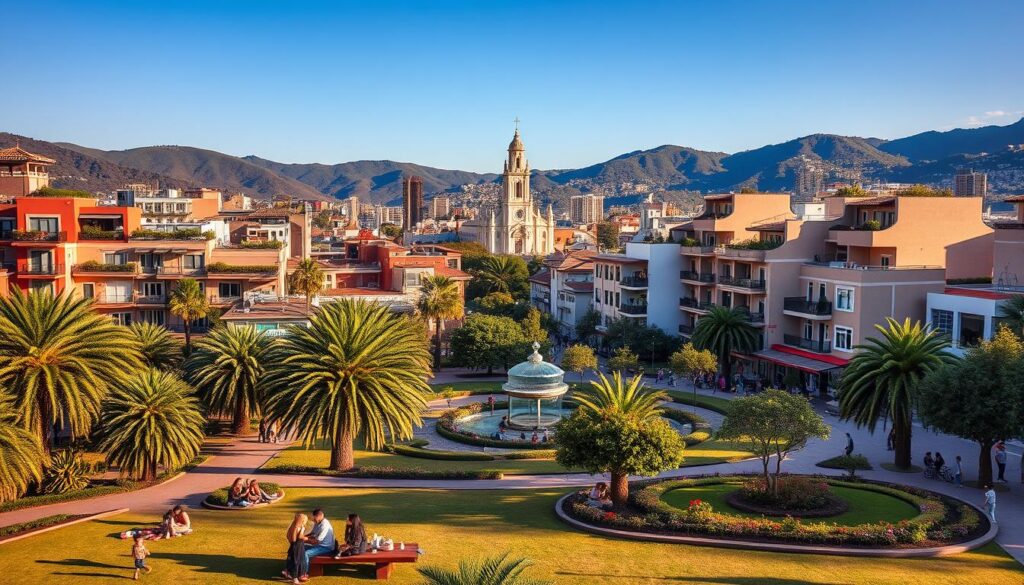 A vibrant cityscape showcasing the essence of quality of life in Maringá, featuring a beautifully landscaped public park in the foreground with families enjoying picnics and children playing. In the middle ground, modern residential buildings with green terraces and balconies are interspersed with cafes and art shops, reflecting a harmonious urban environment. The background showcases the iconic cathedral and lush hills under a bright blue sky, suggesting a sense of tranquility and community vibrancy. Use warm, natural lighting to enhance the welcoming atmosphere, captured from a slightly elevated angle to provide depth and perspective, emphasizing the liveliness of the area while maintaining a peaceful ambiance. A vibrant cityscape showcasing the essence of quality of life in Maringá, featuring a beautifully landscaped public park in the foreground with families enjoying picnics and children playing. In the middle ground, modern residential buildings with green terraces and balconies are interspersed with cafes and art shops, reflecting a harmonious urban environment. The background showcases the iconic cathedral and lush hills under a bright blue sky, suggesting a sense of tranquility and community vibrancy. Use warm, natural lighting to enhance the welcoming atmosphere, captured from a slightly elevated angle to provide depth and perspective, emphasizing the liveliness of the area while maintaining a peaceful ambiance.