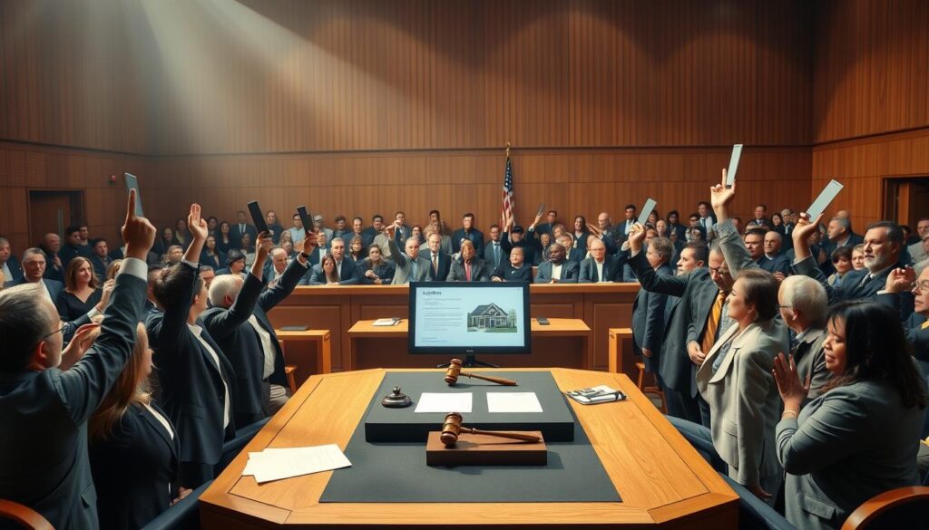 A vibrant courtroom scene depicting a judicial auction of real estate. In the foreground, a diverse group of professional bidders, dressed in business attire, are raising their paddles to bid on a property. The middle ground showcases a large auction table with a gavel, documents, and a digital display showing the property details. In the background, rows of seats filled with spectators, eager to witness the auction. Soft, dramatic lighting enhances the atmosphere, casting highlights and shadows that evoke excitement. The overall mood conveys the anticipation and competitive spirit of the auction, reflecting a unique opportunity to acquire real estate at appealing prices. The composition should emphasize the dynamic action and interaction among participants, captured from a slightly elevated angle for a comprehensive view. A vibrant courtroom scene depicting a judicial auction of real estate. In the foreground, a diverse group of professional bidders, dressed in business attire, are raising their paddles to bid on a property. The middle ground showcases a large auction table with a gavel, documents, and a digital display showing the property details. In the background, rows of seats filled with spectators, eager to witness the auction. Soft, dramatic lighting enhances the atmosphere, casting highlights and shadows that evoke excitement. The overall mood conveys the anticipation and competitive spirit of the auction, reflecting a unique opportunity to acquire real estate at appealing prices. The composition should emphasize the dynamic action and interaction among participants, captured from a slightly elevated angle for a comprehensive view.