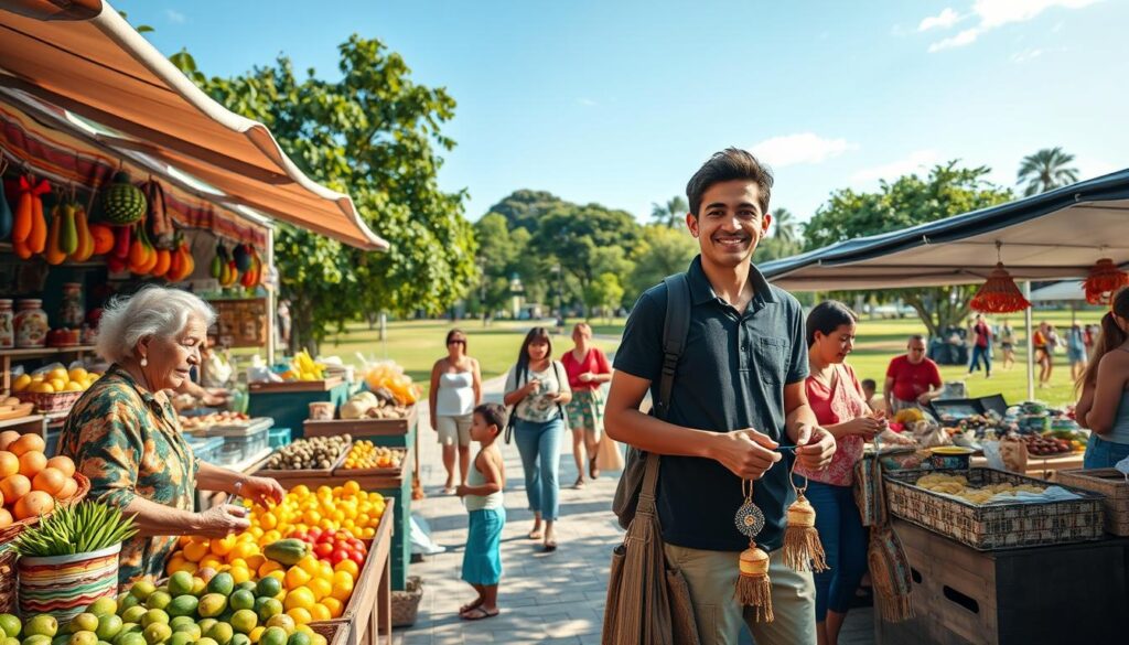 A vibrant cultural market scene capturing the essence of "feiras livres" in Maringá. In the foreground, a diverse group of vendors, including an elderly woman selling fresh fruits and a young man showcasing handmade crafts, add warmth to the image, all dressed in modest casual attire. The middle ground features colorful stalls adorned with local produce, artisanal goods, and traditional snacks, inviting visitors to explore. In the background, the lush greenery of a park is visible, with happy families strolling under a clear blue sky, creating a lively atmosphere. Soft, natural daylight filters through, enhancing colors and textures, while a low-angle perspective adds depth and engagement to the scene, evoking a sense of community and cultural richness. A vibrant cultural market scene capturing the essence of "feiras livres" in Maringá. In the foreground, a diverse group of vendors, including an elderly woman selling fresh fruits and a young man showcasing handmade crafts, add warmth to the image, all dressed in modest casual attire. The middle ground features colorful stalls adorned with local produce, artisanal goods, and traditional snacks, inviting visitors to explore. In the background, the lush greenery of a park is visible, with happy families strolling under a clear blue sky, creating a lively atmosphere. Soft, natural daylight filters through, enhancing colors and textures, while a low-angle perspective adds depth and engagement to the scene, evoking a sense of community and cultural richness.