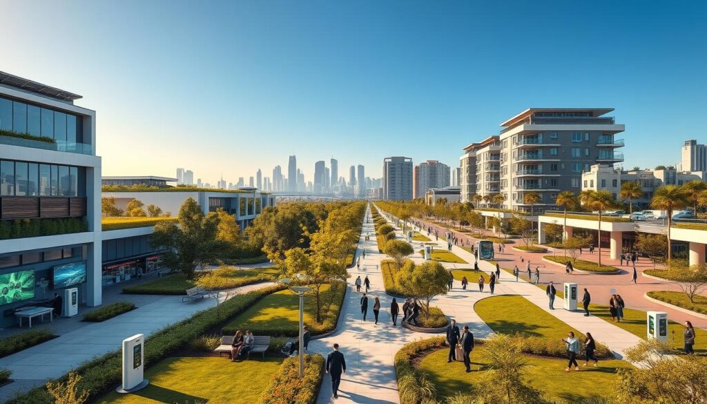 A vibrant, futuristic cityscape of Eurogarden Maringá as a smart city. In the foreground, sleek modern buildings with green terraces and solar panels, surrounded by lush gardens and smart benches equipped with charging stations. The middle ground features wide, well-maintained walkways bustling with residents in professional attire, interacting with digital kiosks and smart screens. Lively trees line the pathways, with pedestrians enjoying leisurely walks. In the background, an innovative skyline showcasing high-tech architecture, integrated smart technologies like drones and smart lighting systems. The scene is bathed in warm, golden hour sunlight, casting soft shadows and creating a welcoming atmosphere. A clean blue sky enhances the modern, eco-friendly vibe of this advanced urban living environment. A vibrant, futuristic cityscape of Eurogarden Maringá as a smart city. In the foreground, sleek modern buildings with green terraces and solar panels, surrounded by lush gardens and smart benches equipped with charging stations. The middle ground features wide, well-maintained walkways bustling with residents in professional attire, interacting with digital kiosks and smart screens. Lively trees line the pathways, with pedestrians enjoying leisurely walks. In the background, an innovative skyline showcasing high-tech architecture, integrated smart technologies like drones and smart lighting systems. The scene is bathed in warm, golden hour sunlight, casting soft shadows and creating a welcoming atmosphere. A clean blue sky enhances the modern, eco-friendly vibe of this advanced urban living environment.