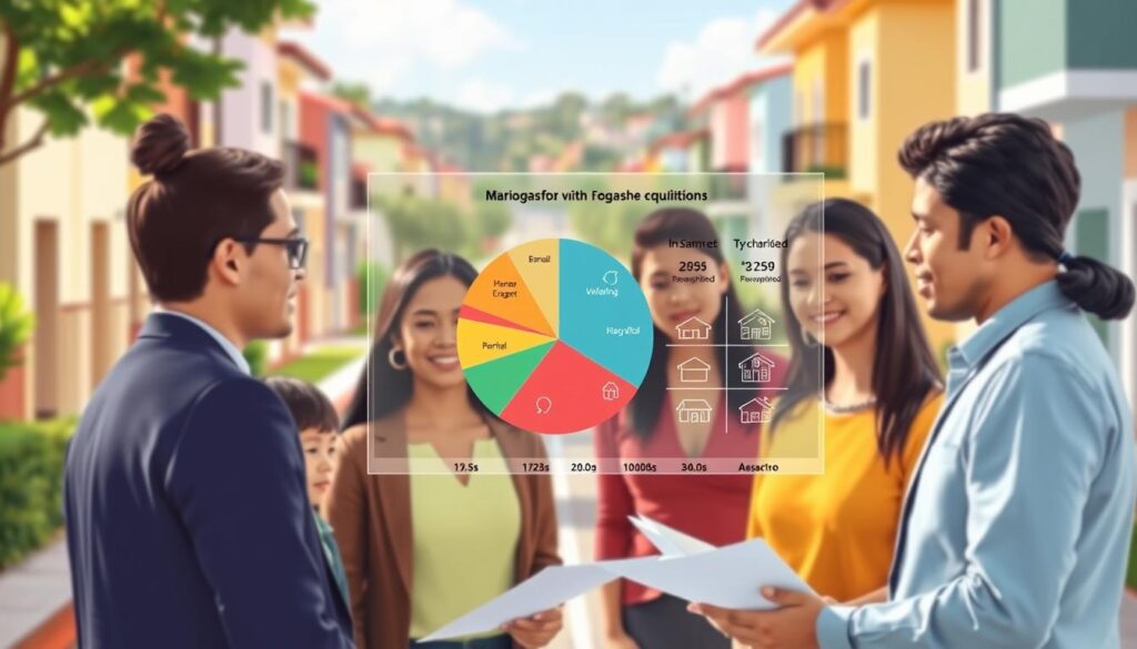 A vibrant, informative illustration depicting the income brackets for the "Minha Casa Minha Vida" program in Maringá. In the foreground, showcase a diverse group of families, dressed in professional business attire, discussing housing options while looking at documents and charts. In the middle ground, feature a colorful pie chart or infographic overlay that visually represents the different income brackets and their respective housing options, with icons symbolizing various neighborhoods. The background should depict a sunny street scene in Maringá, lined with homes from the program, surrounded by greenery and local landmarks. Use bright, inviting lighting to create a hopeful, optimistic atmosphere, capturing the essence of community and homeownership. Use a slight depth of field to focus on the families while softly blurring the background. A vibrant, informative illustration depicting the income brackets for the "Minha Casa Minha Vida" program in Maringá. In the foreground, showcase a diverse group of families, dressed in professional business attire, discussing housing options while looking at documents and charts. In the middle ground, feature a colorful pie chart or infographic overlay that visually represents the different income brackets and their respective housing options, with icons symbolizing various neighborhoods. The background should depict a sunny street scene in Maringá, lined with homes from the program, surrounded by greenery and local landmarks. Use bright, inviting lighting to create a hopeful, optimistic atmosphere, capturing the essence of community and homeownership. Use a slight depth of field to focus on the families while softly blurring the background.
