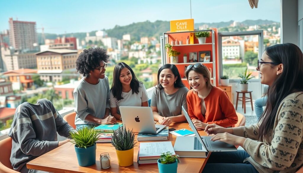 A vibrant, lively scene depicting the advantages of living in shared housing (repúblicas) in Maringá. In the foreground, a diverse group of young adults, dressed in comfortable trendy clothing, are engaged in a cheerful discussion around a table filled with plants, books, and a laptop, highlighting a sense of community and collaboration. Moving to the middle ground, colorful shared living spaces showcase cozy, well-decorated areas with artwork and communal amenities like a shared kitchen and living room, conveying a warm atmosphere. In the background, the cityscape of Maringá is subtly visible, with a hint of its unique architecture and greenery. The lighting is bright and inviting, with soft sunlight filtering in, creating an uplifting and friendly ambiance. The angle captures a wide view that emphasizes the community spirit and comfort of shared living. A vibrant, lively scene depicting the advantages of living in shared housing (repúblicas) in Maringá. In the foreground, a diverse group of young adults, dressed in comfortable trendy clothing, are engaged in a cheerful discussion around a table filled with plants, books, and a laptop, highlighting a sense of community and collaboration. Moving to the middle ground, colorful shared living spaces showcase cozy, well-decorated areas with artwork and communal amenities like a shared kitchen and living room, conveying a warm atmosphere. In the background, the cityscape of Maringá is subtly visible, with a hint of its unique architecture and greenery. The lighting is bright and inviting, with soft sunlight filtering in, creating an uplifting and friendly ambiance. The angle captures a wide view that emphasizes the community spirit and comfort of shared living.