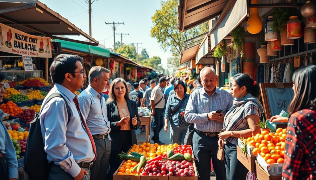 A vibrant marketplace scene depicting a variety of stalls filled with colorful fruits, vegetables, and local goods. In the foreground, a diverse group of shoppers, dressed in professional business attire and modest casual clothing, engage in lively discussions as they evaluate prices and products. The middle ground showcases sellers interacting with customers, showcasing their wares with engaging expressions. The background features a lively atmosphere with street vendors and the hustle of people, all under warm, natural sunlight filtering through a clear blue sky. The image should convey a sense of community and the importance of careful evaluation in financial decisions, with a focus on the vibrant exchange of goods and prices in today's economic landscape. A vibrant marketplace scene depicting a variety of stalls filled with colorful fruits, vegetables, and local goods. In the foreground, a diverse group of shoppers, dressed in professional business attire and modest casual clothing, engage in lively discussions as they evaluate prices and products. The middle ground showcases sellers interacting with customers, showcasing their wares with engaging expressions. The background features a lively atmosphere with street vendors and the hustle of people, all under warm, natural sunlight filtering through a clear blue sky. The image should convey a sense of community and the importance of careful evaluation in financial decisions, with a focus on the vibrant exchange of goods and prices in today's economic landscape.